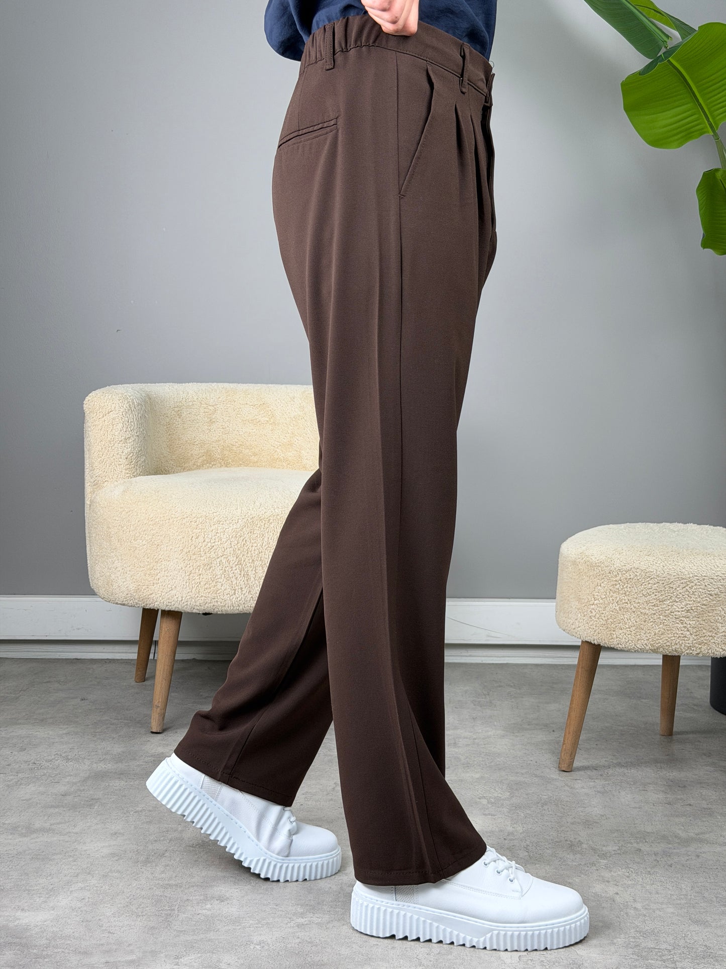 PİLELİ BAGGY KALIP KUMAŞ PANTOLON ACI KAHVE