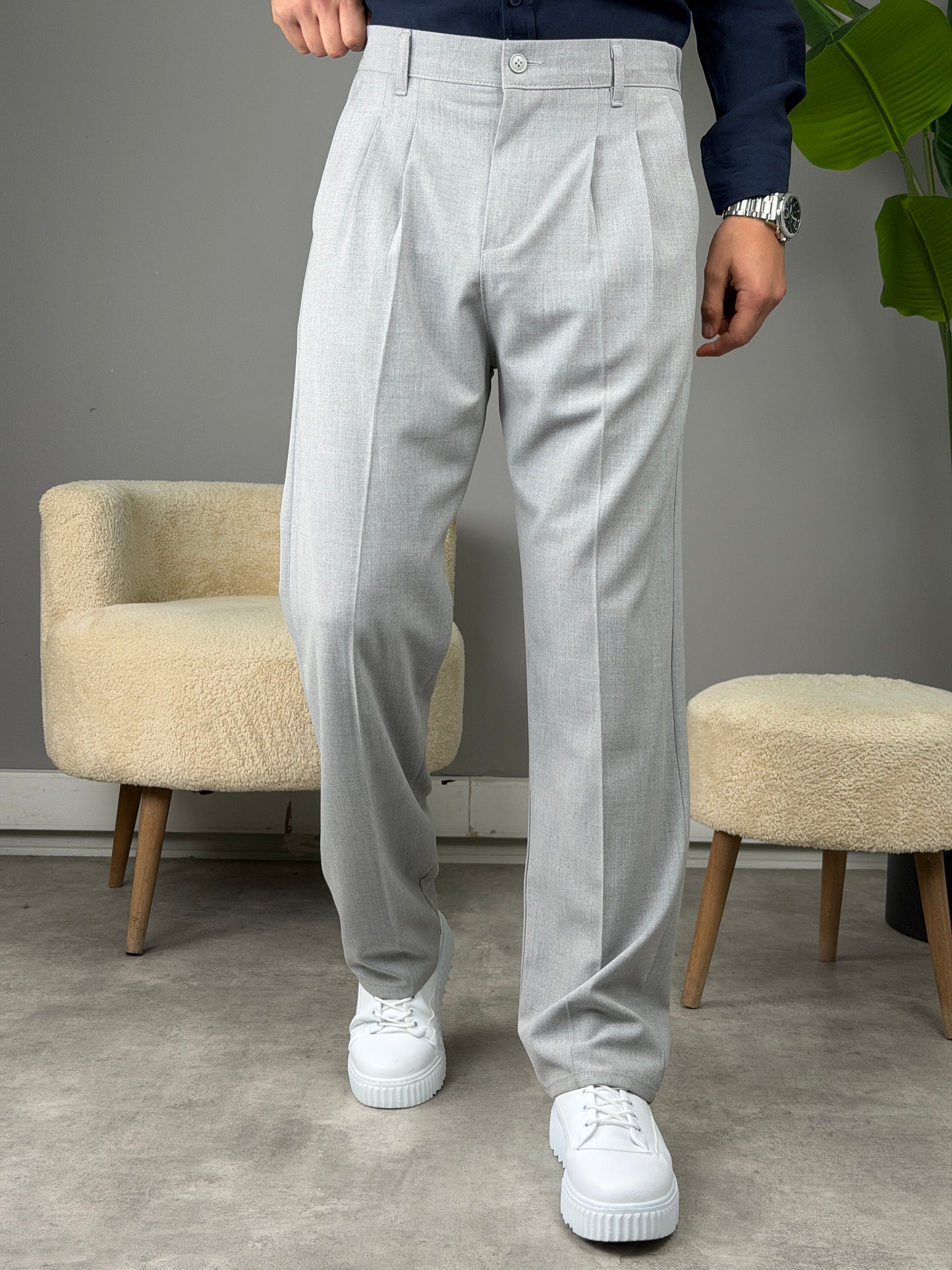 PİLELİ BAGGY KALIP KUMAŞ PANTOLON GRİ