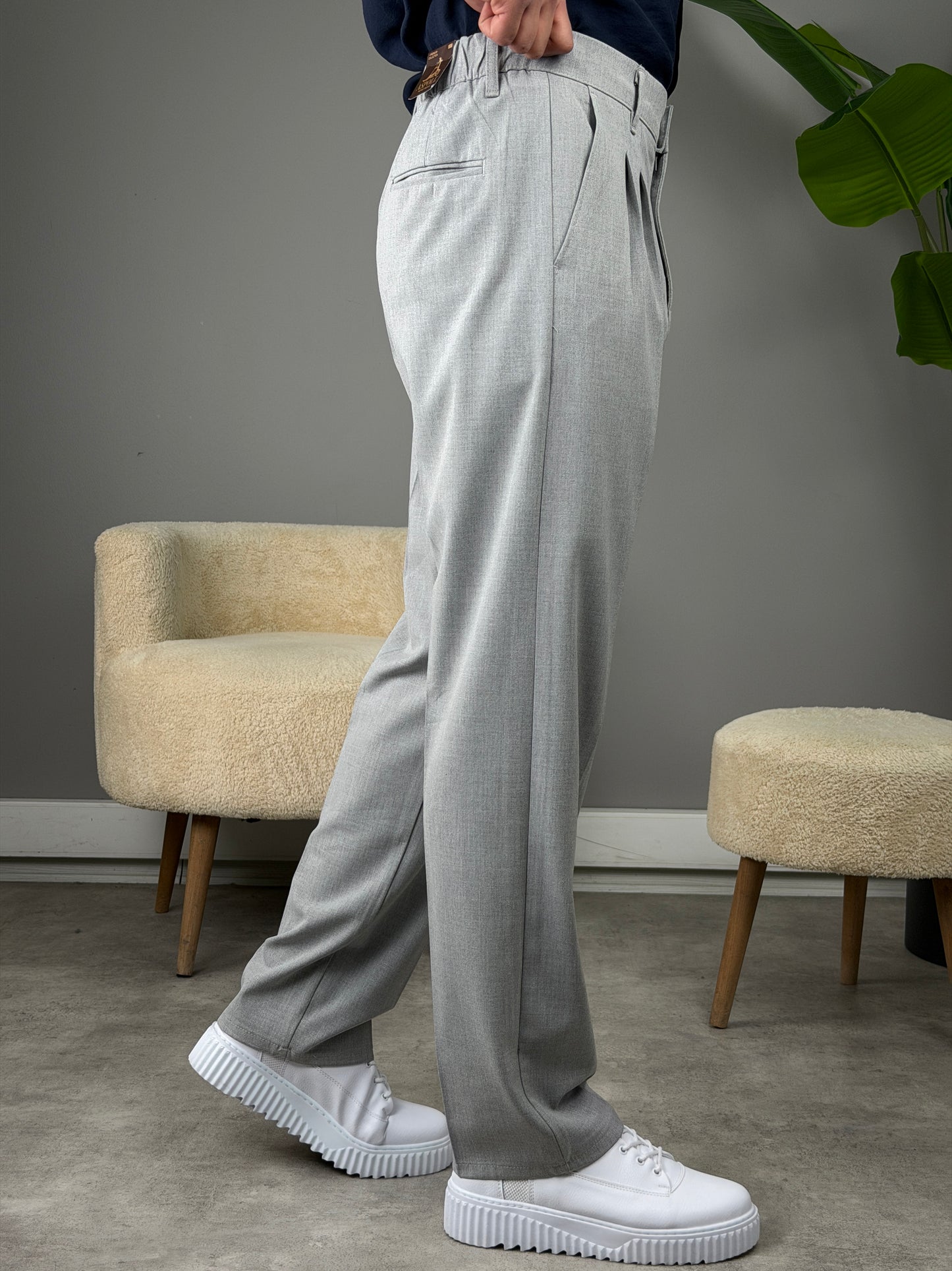 PİLELİ BAGGY KALIP KUMAŞ PANTOLON GRİ