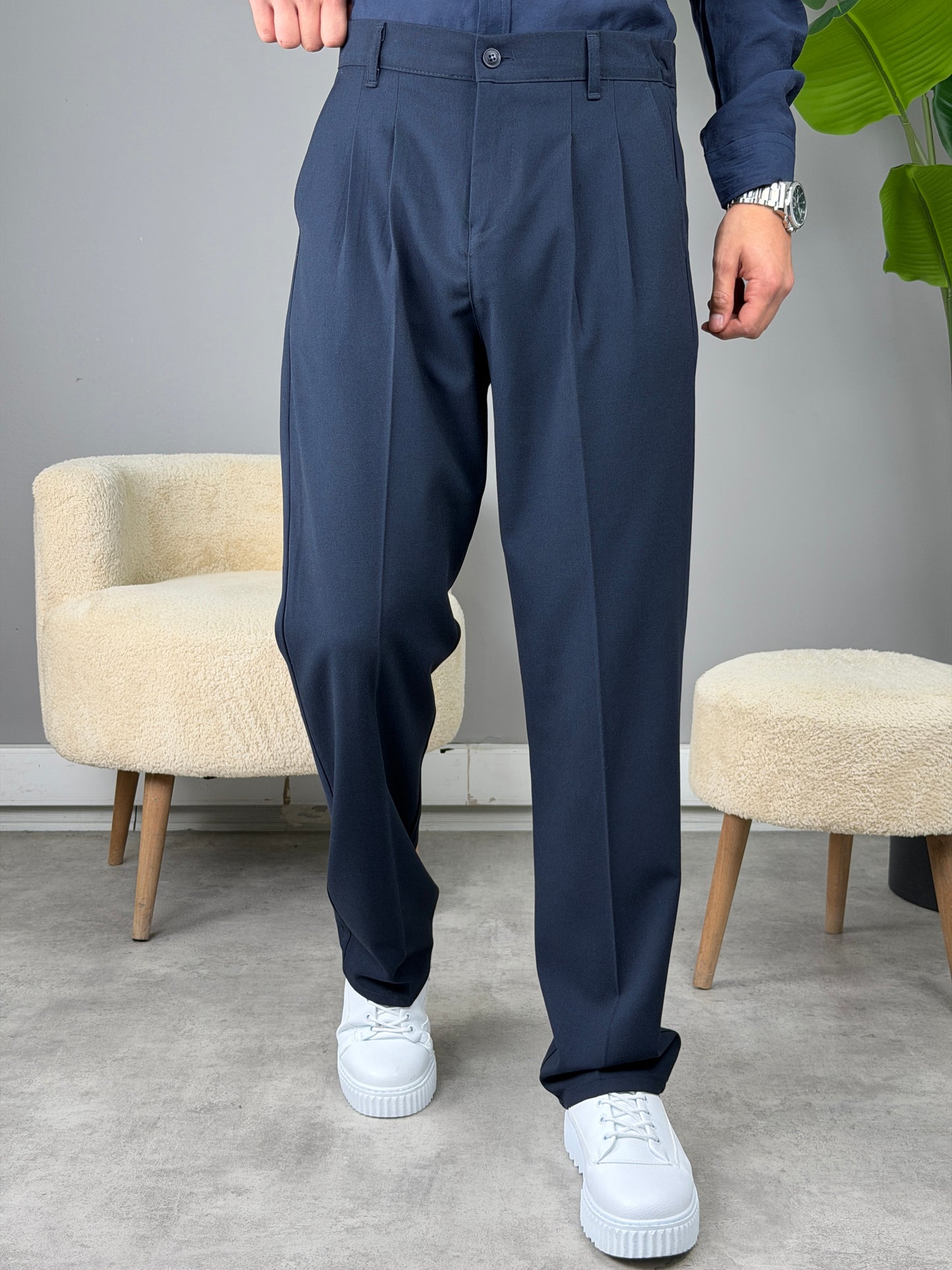 PİLELİ BAGGY KALIP KUMAŞ PANTOLON LACİVERT