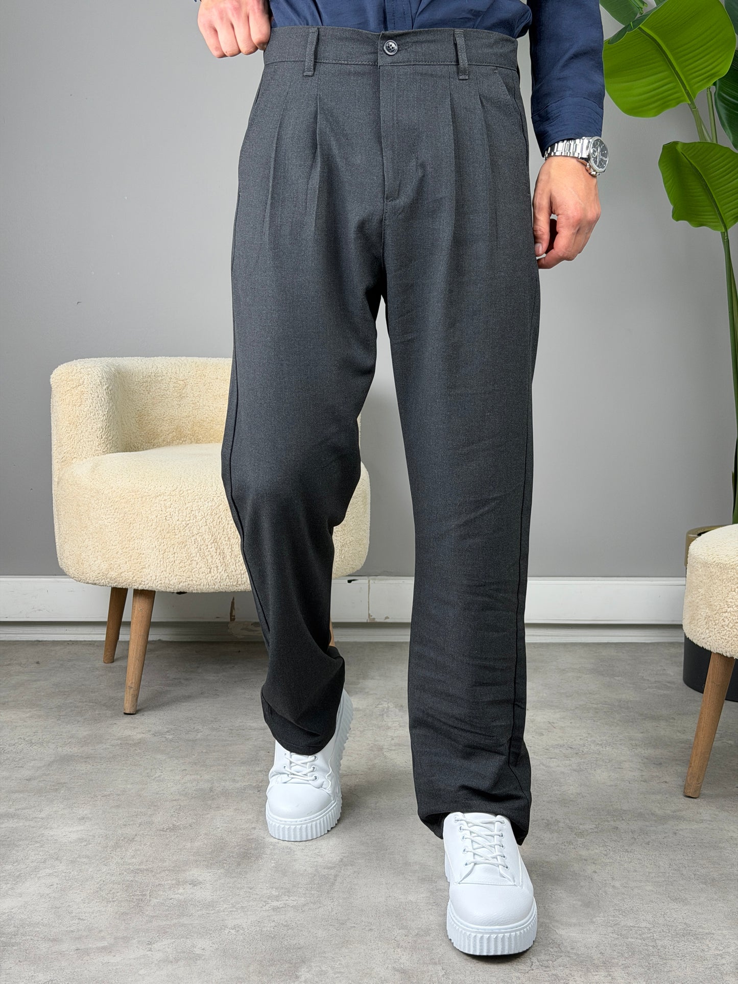 PİLELİ BAGGY KALIP KUMAŞ PANTOLON ANTRASİT