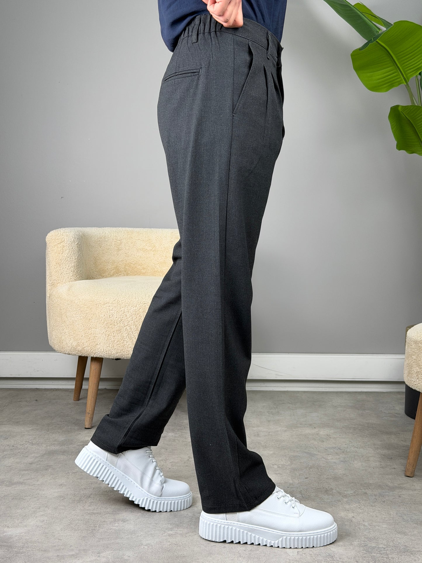 PİLELİ BAGGY KALIP KUMAŞ PANTOLON ANTRASİT