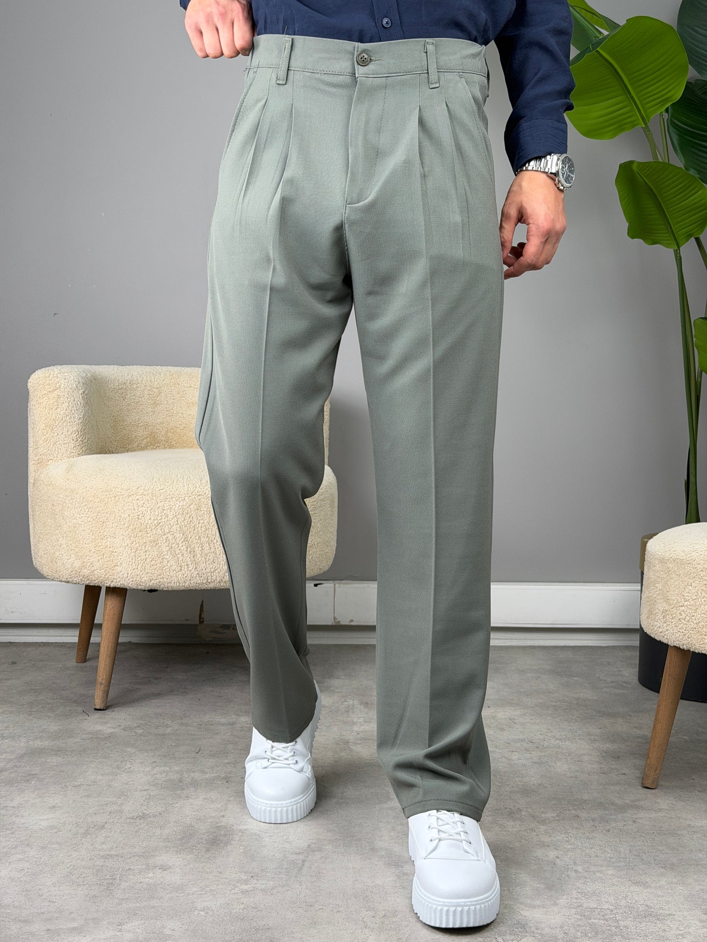 PİLELİ BAGGY KALIP KUMAŞ PANTOLON ÇAĞLA YEŞİLİ