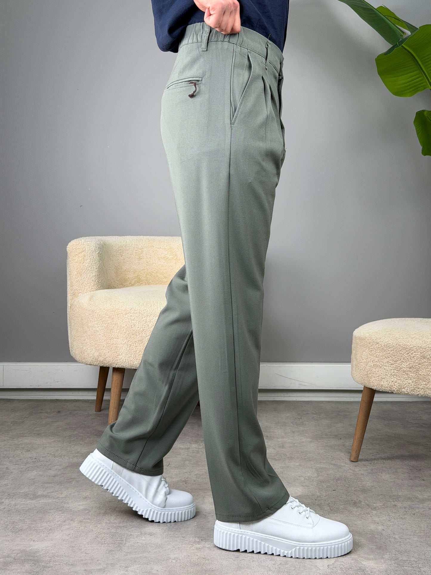 PİLELİ BAGGY KALIP KUMAŞ PANTOLON ÇAĞLA YEŞİLİ