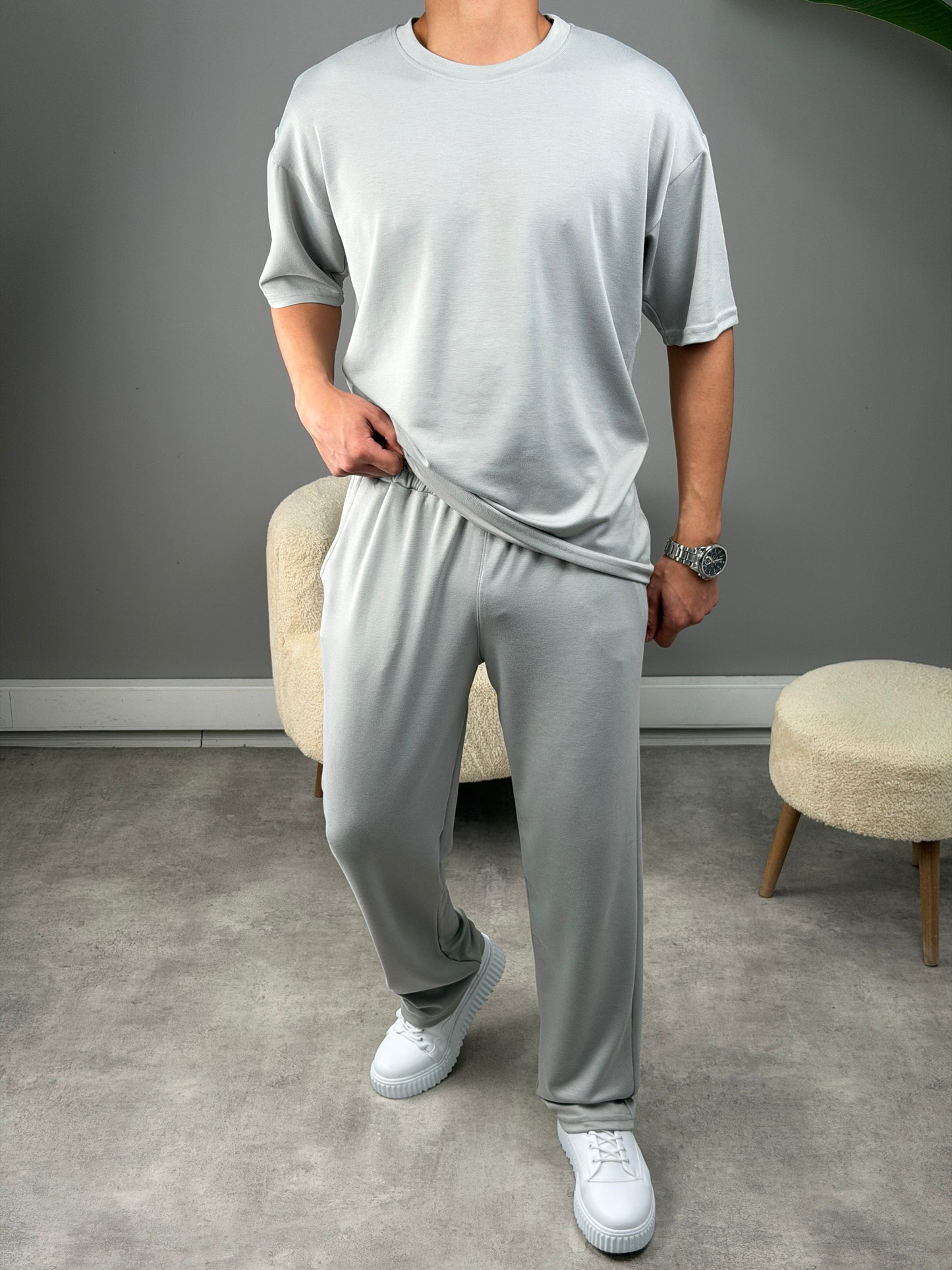 OVERSİZE MODAL KUMAŞ BASİC TAKIM GRİ