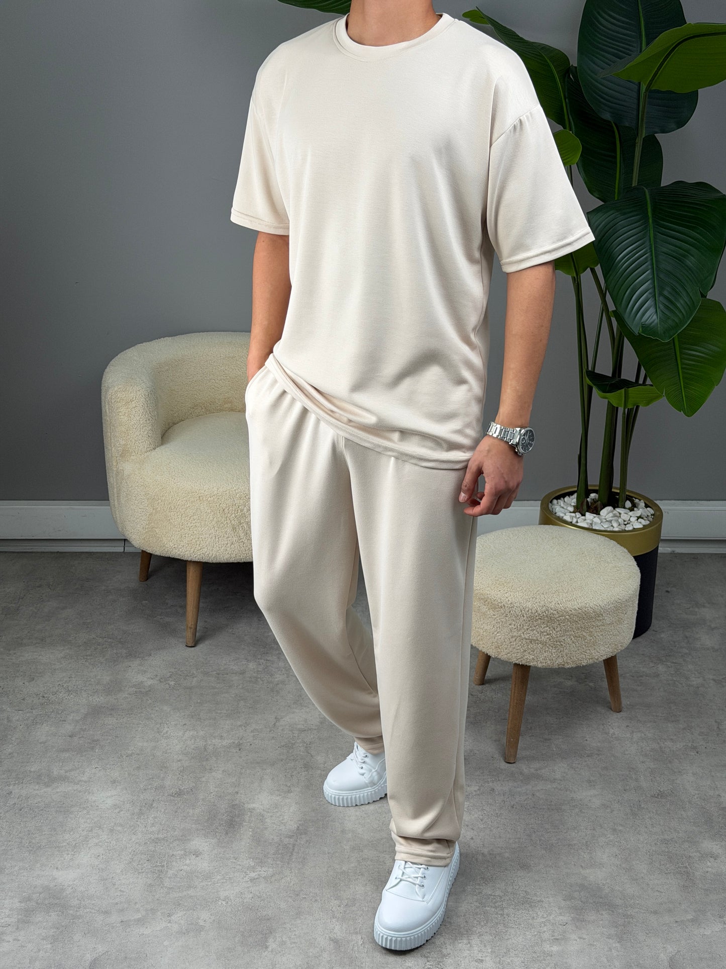 OVERSİZE MODAL KUMAŞ BASİC TAKIM BEJ