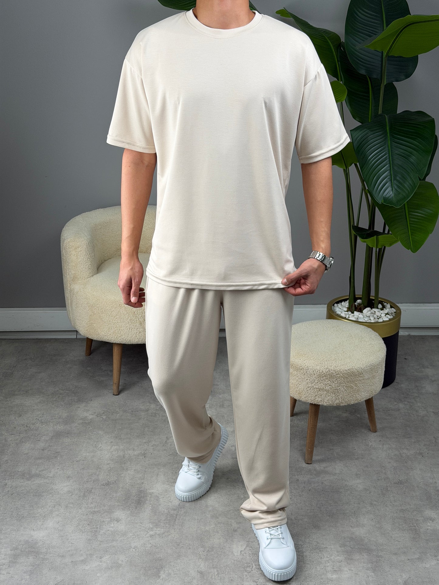 OVERSİZE MODAL KUMAŞ BASİC TAKIM BEJ