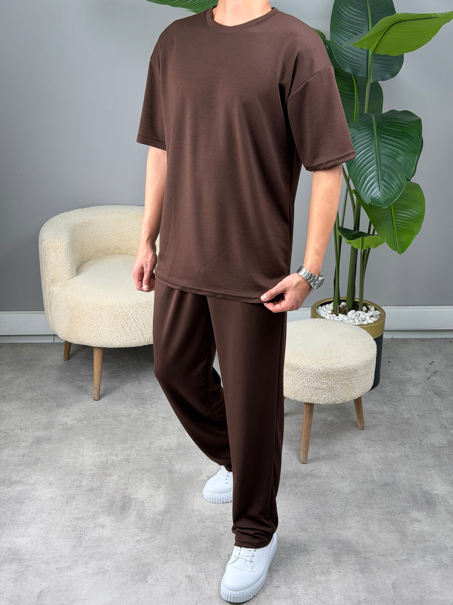 OVERSİZE MODAL KUMAŞ BASİC TAKIM KAHVE