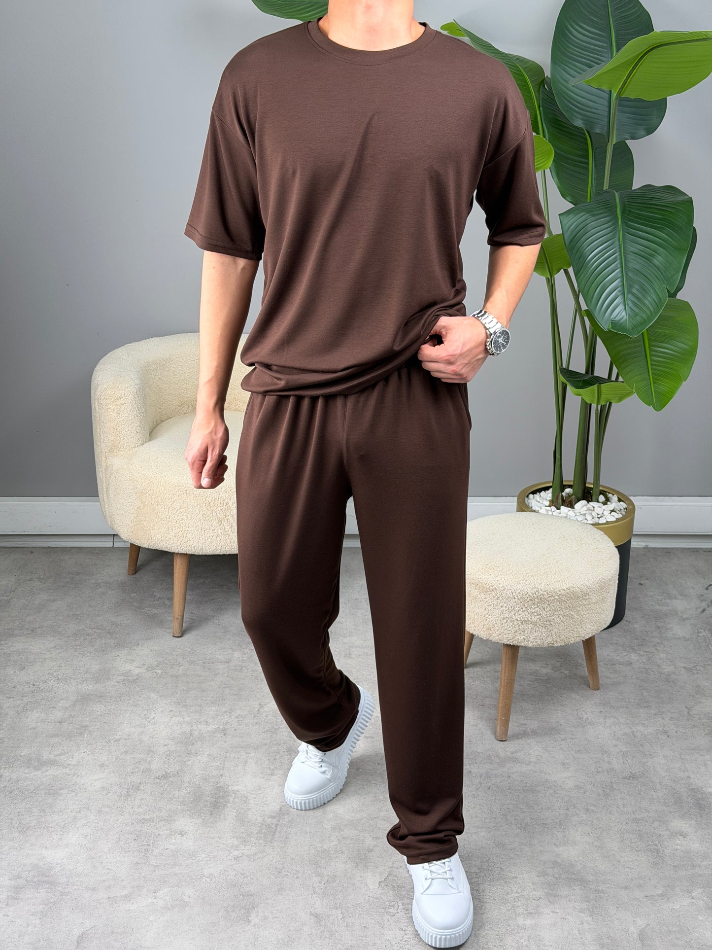 OVERSİZE MODAL KUMAŞ BASİC TAKIM KAHVE