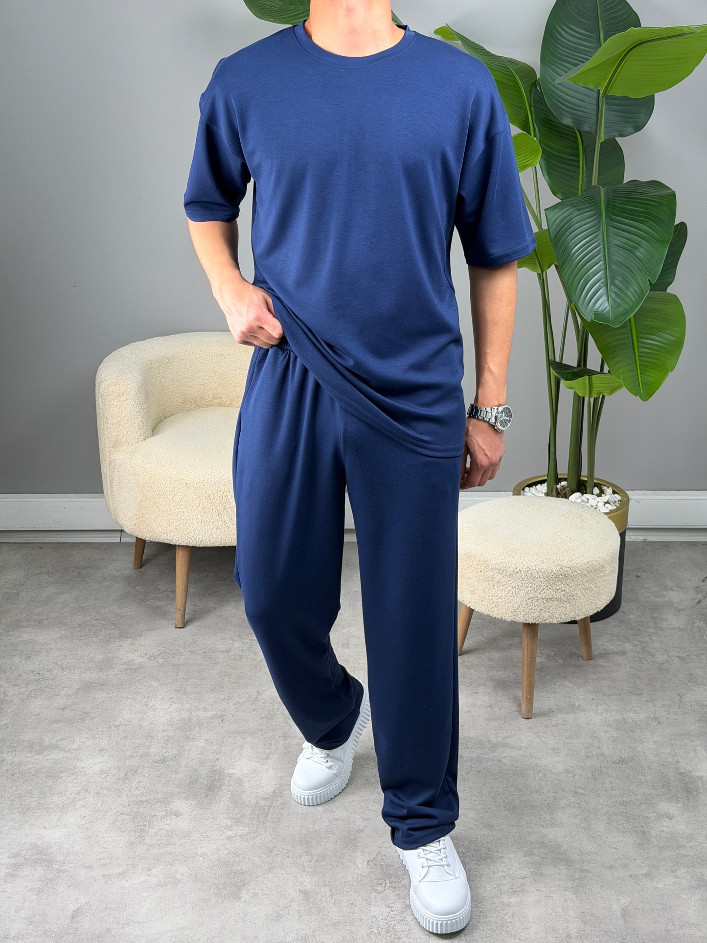 OVERSİZE MODAL KUMAŞ BASİC TAKIM LACİVERT