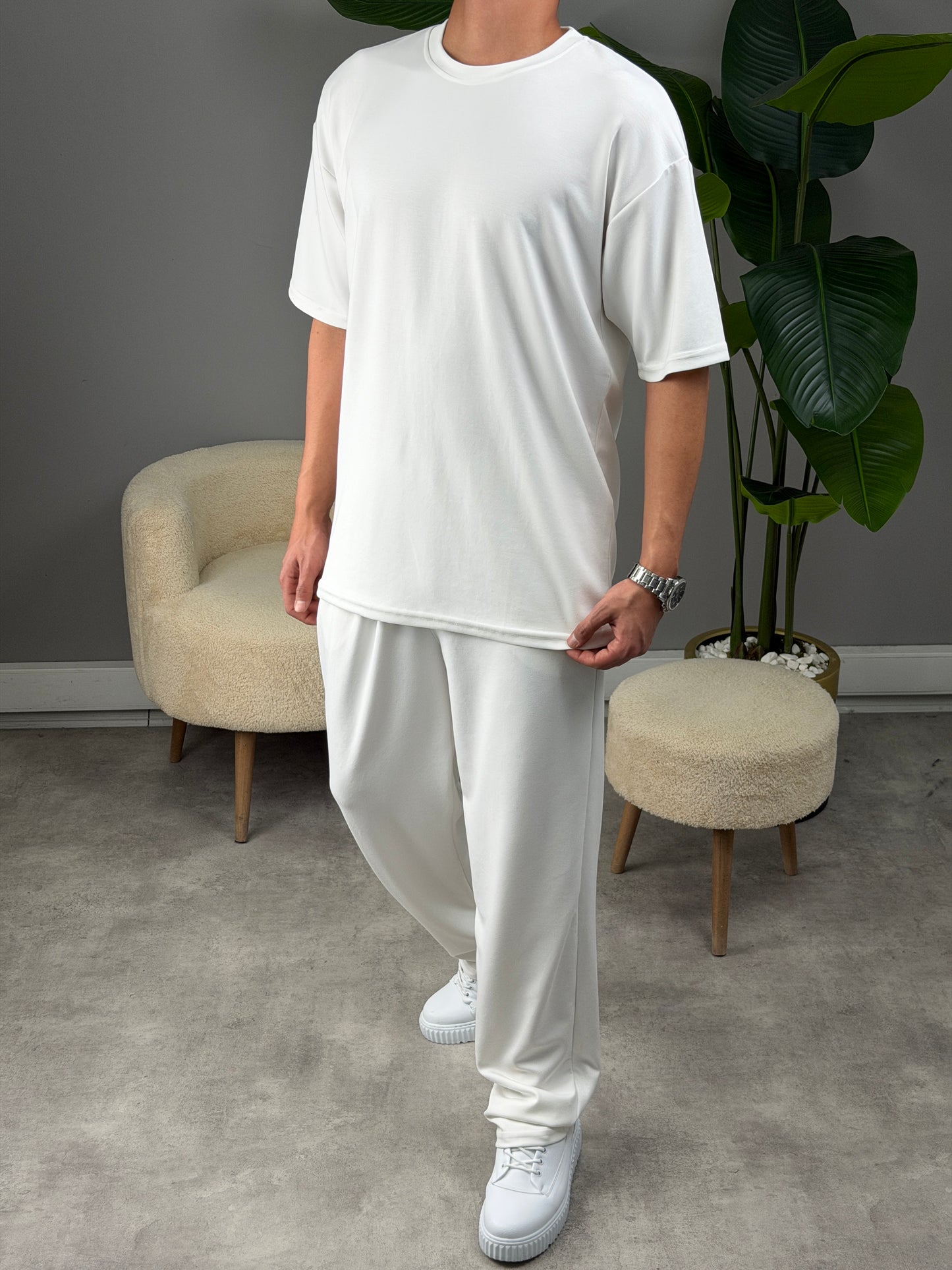 OVERSİZE MODAL KUMAŞ BASİC TAKIM BEYAZ