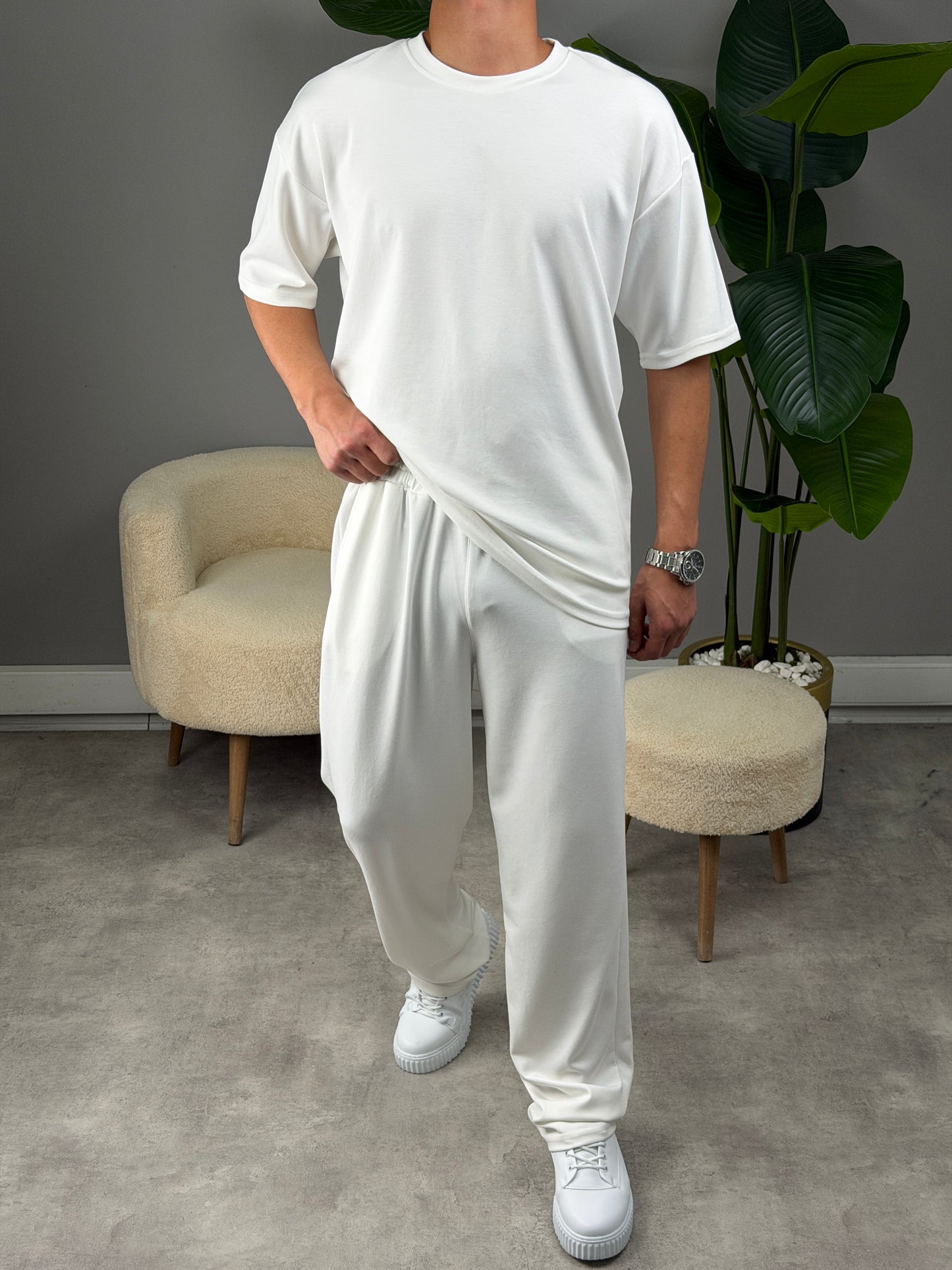 OVERSİZE MODAL KUMAŞ BASİC TAKIM BEYAZ