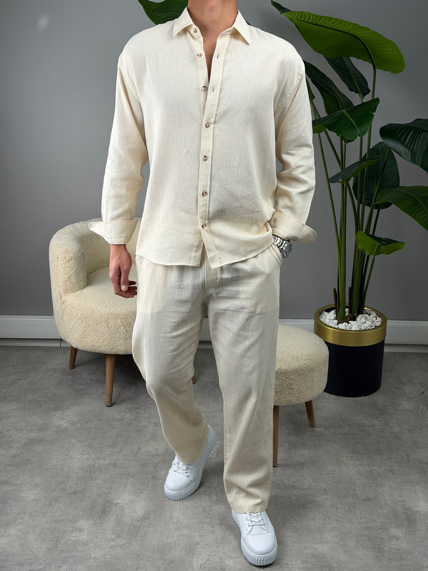 OVERSİZE HAM KETEN GÖMLEKLİ TAKIM BEJ