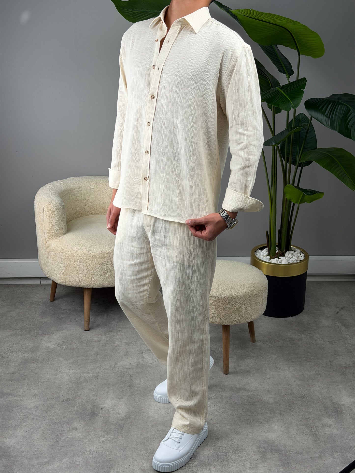 OVERSİZE HAM KETEN GÖMLEKLİ TAKIM BEJ