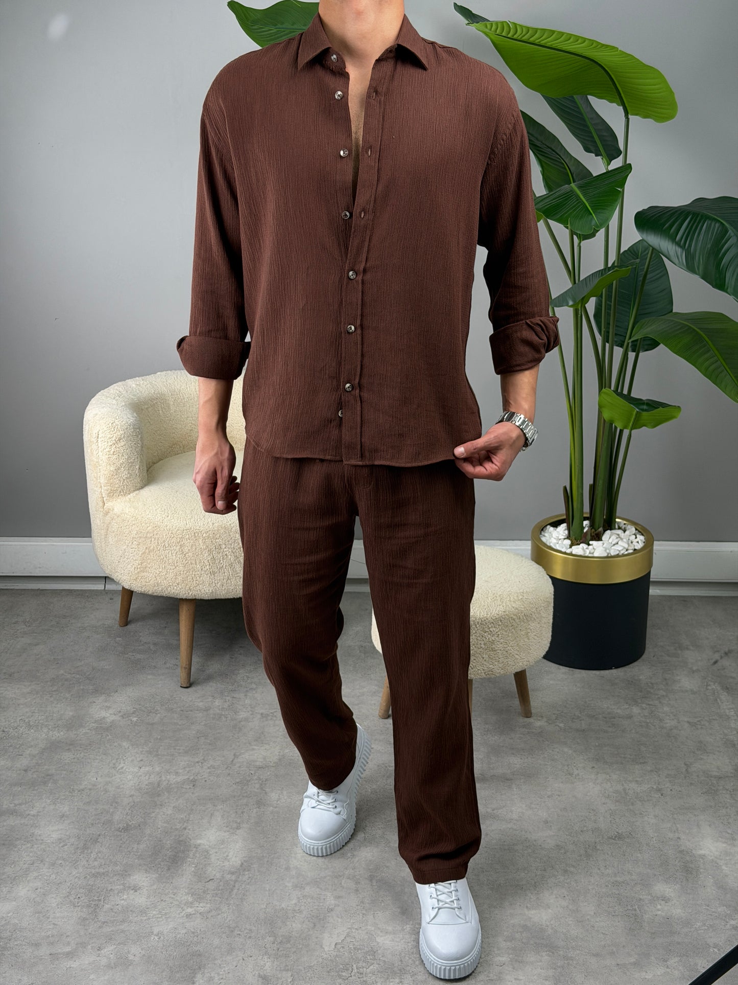 OVERSİZE HAM KETEN GÖMLEKLİ TAKIM KAHVE