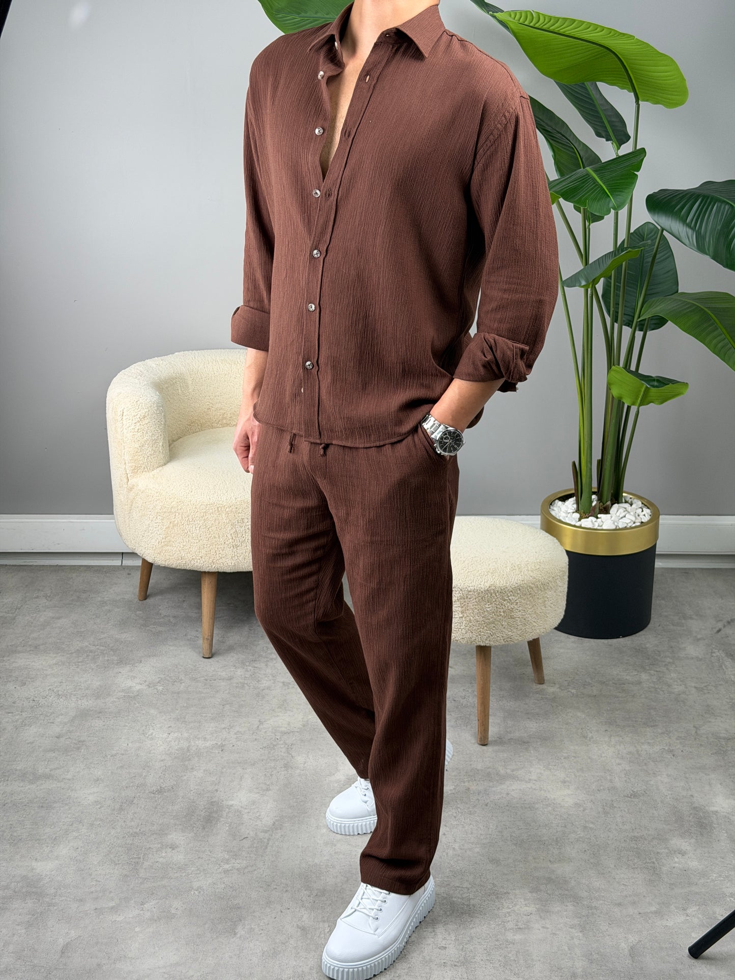 OVERSİZE HAM KETEN GÖMLEKLİ TAKIM KAHVE