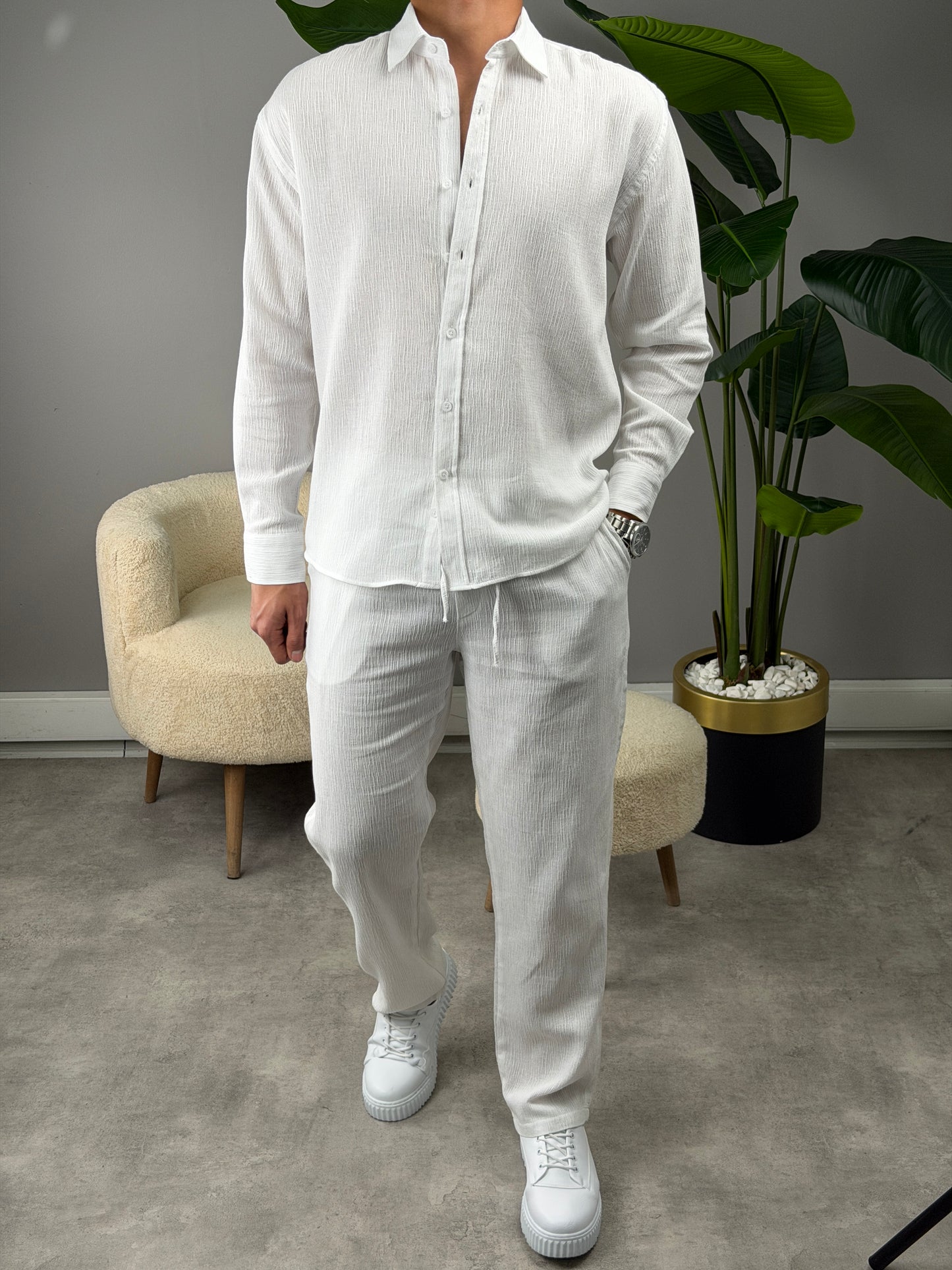 OVERSİZE HAM KETEN GÖMLEKLİ TAKIM BEYAZ