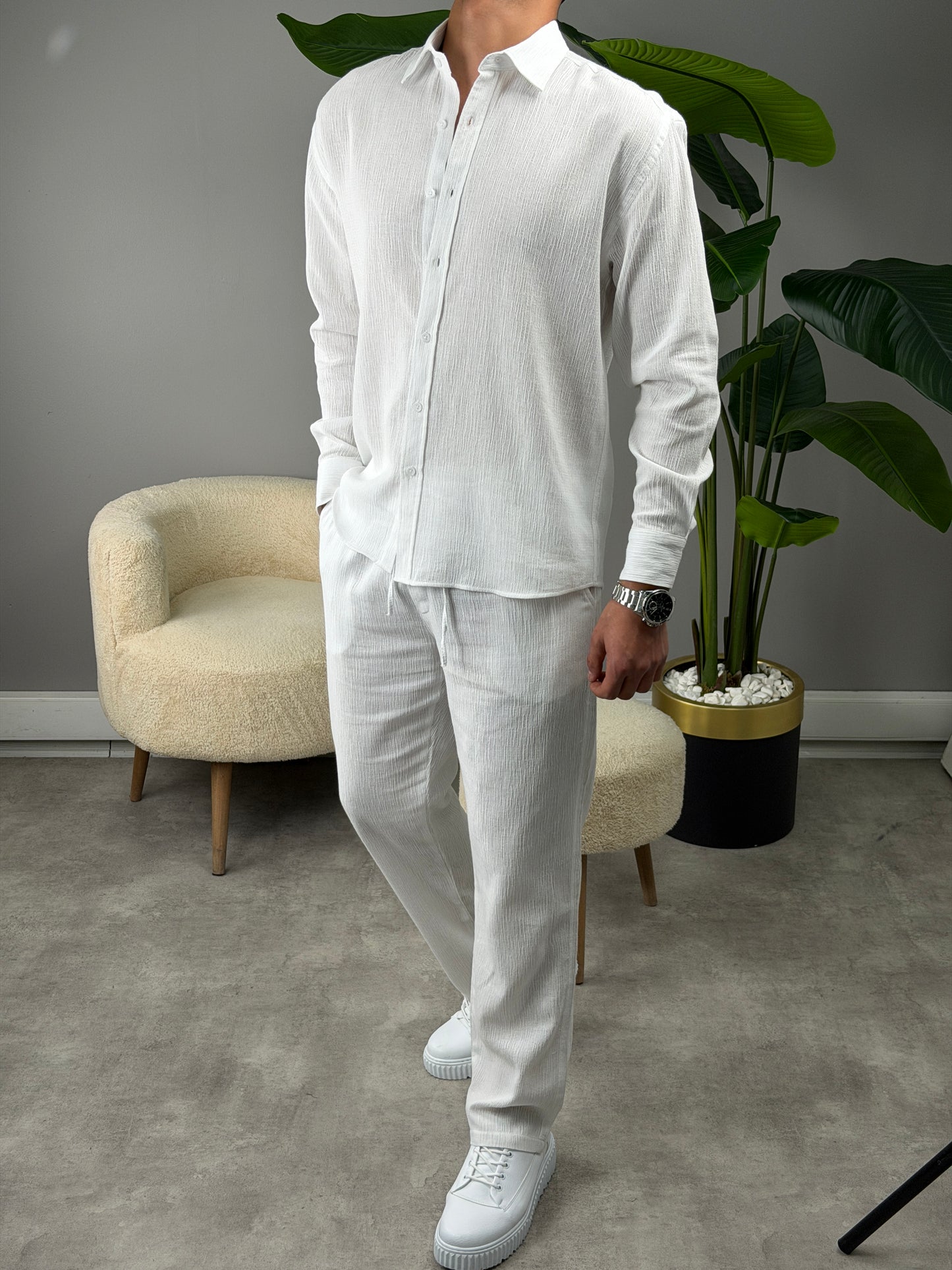 OVERSİZE HAM KETEN GÖMLEKLİ TAKIM BEYAZ