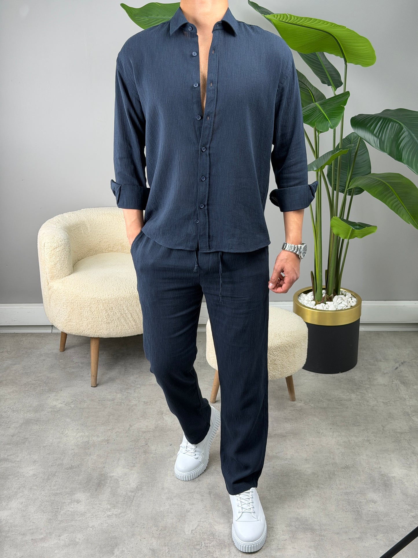 OVERSİZE HAM KETEN GÖMLEKLİ TAKIM LACİVERT