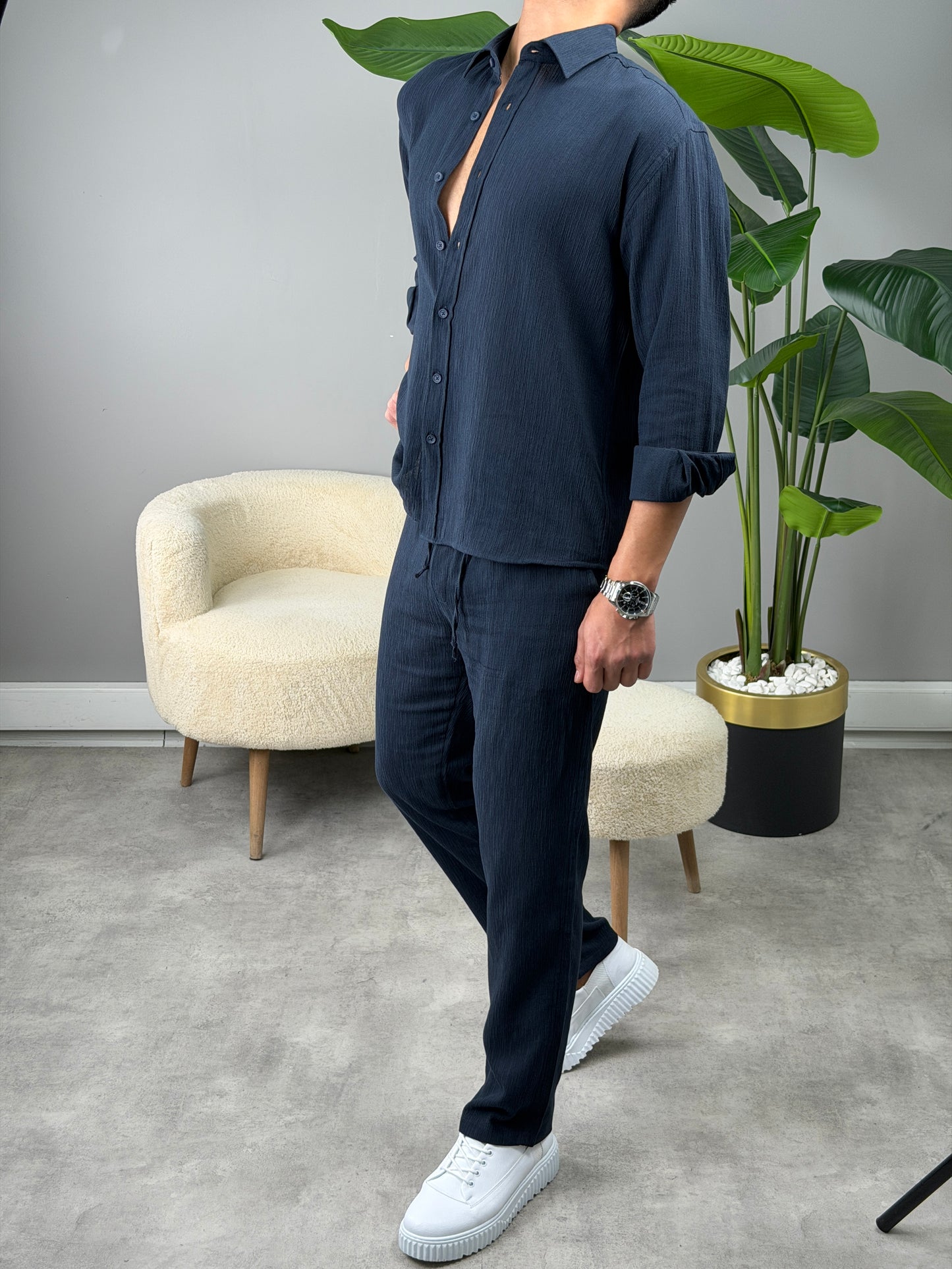 OVERSİZE HAM KETEN GÖMLEKLİ TAKIM LACİVERT