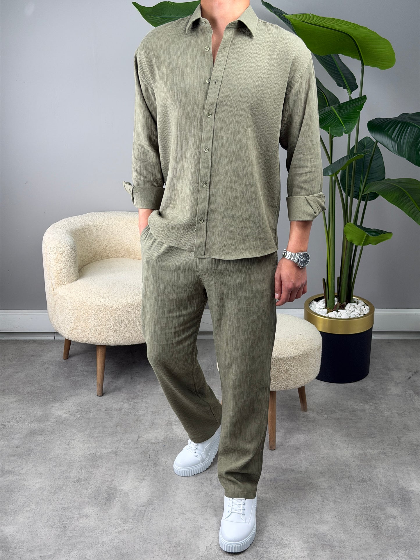 OVERSİZE HAM KETEN GÖMLEKLİ TAKIM YEŞİL