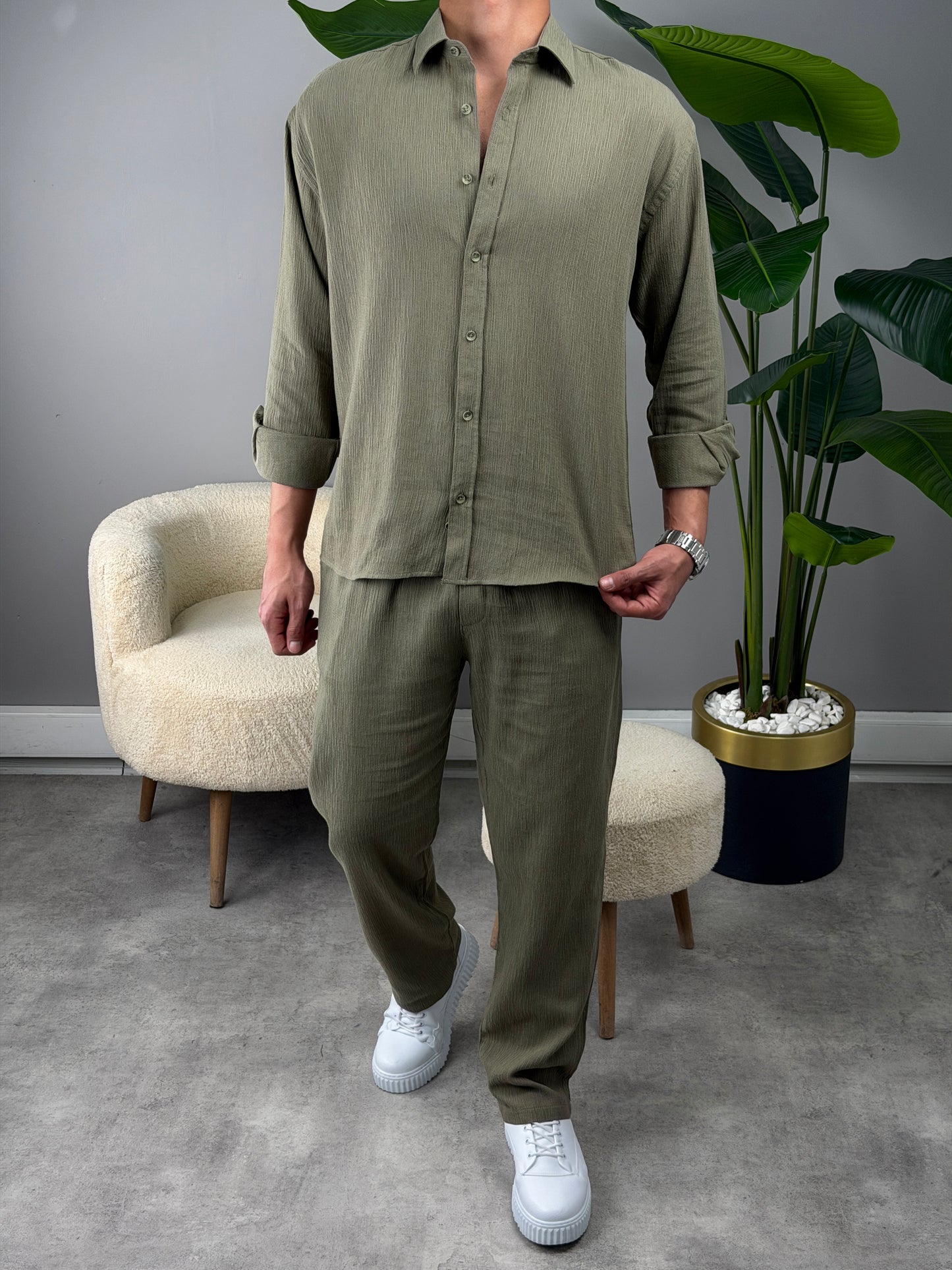 OVERSİZE HAM KETEN GÖMLEKLİ TAKIM YEŞİL