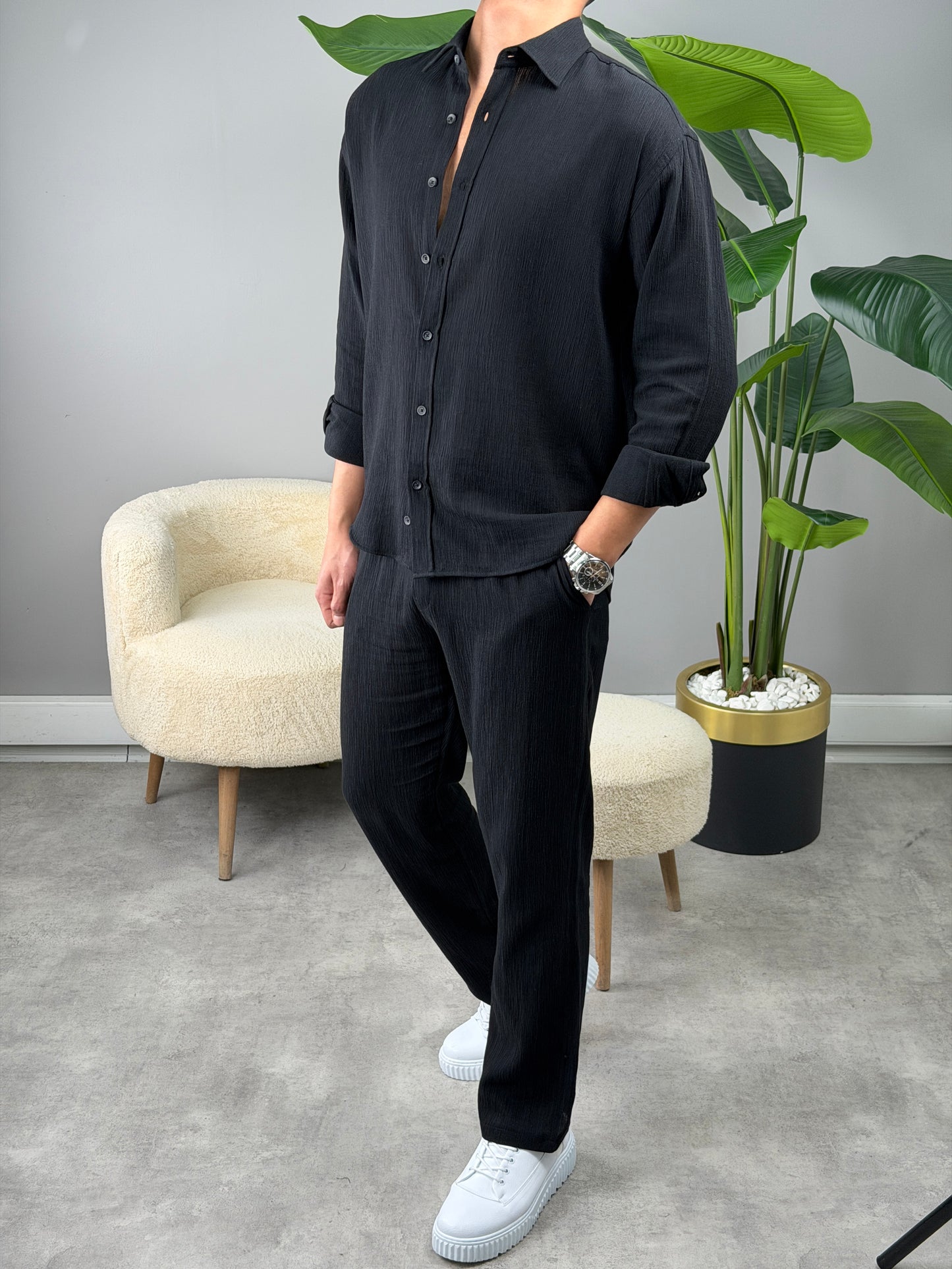 OVERSİZE HAM KETEN GÖMLEKLİ TAKIM SİYAH