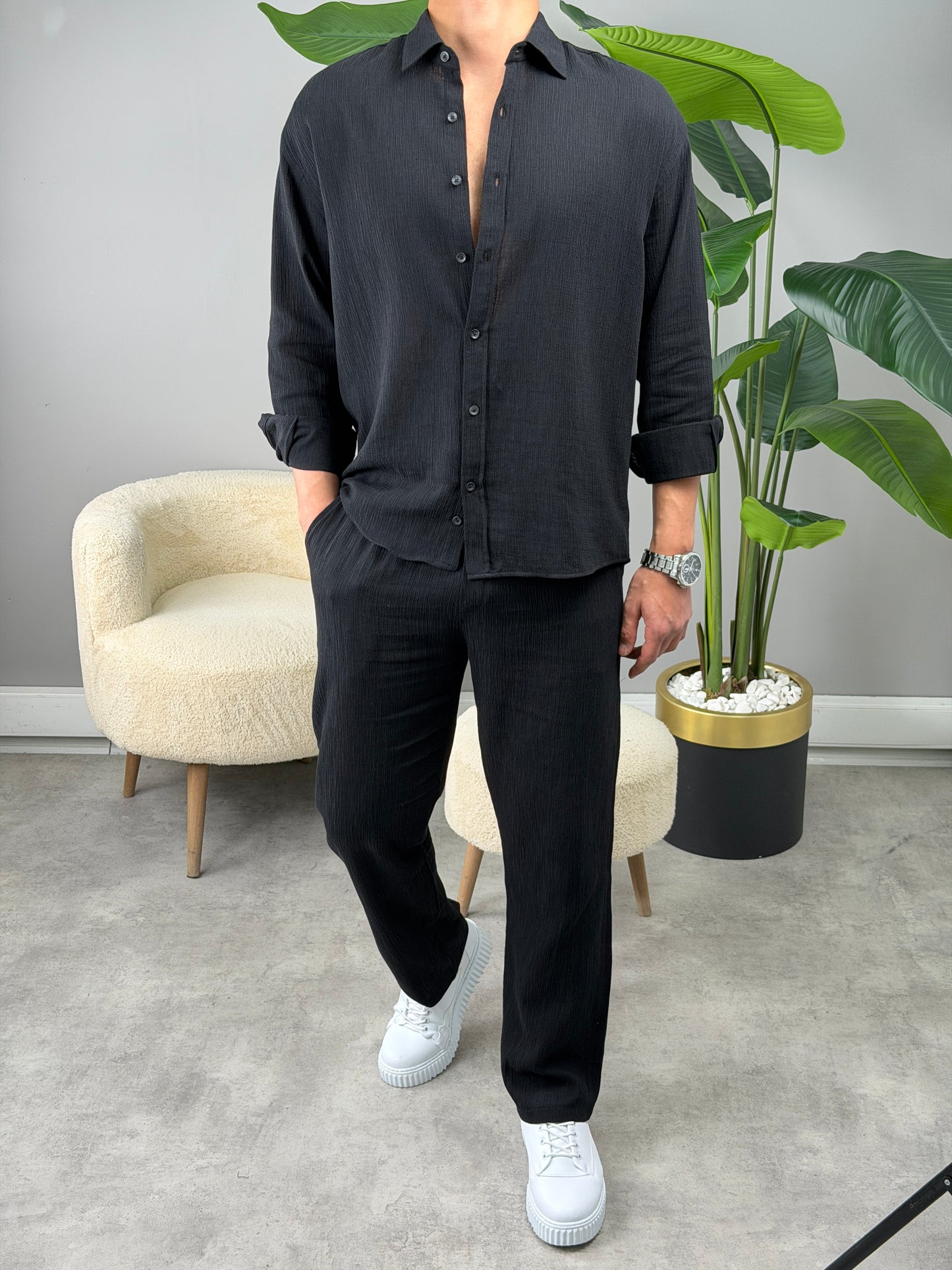 OVERSİZE HAM KETEN GÖMLEKLİ TAKIM SİYAH