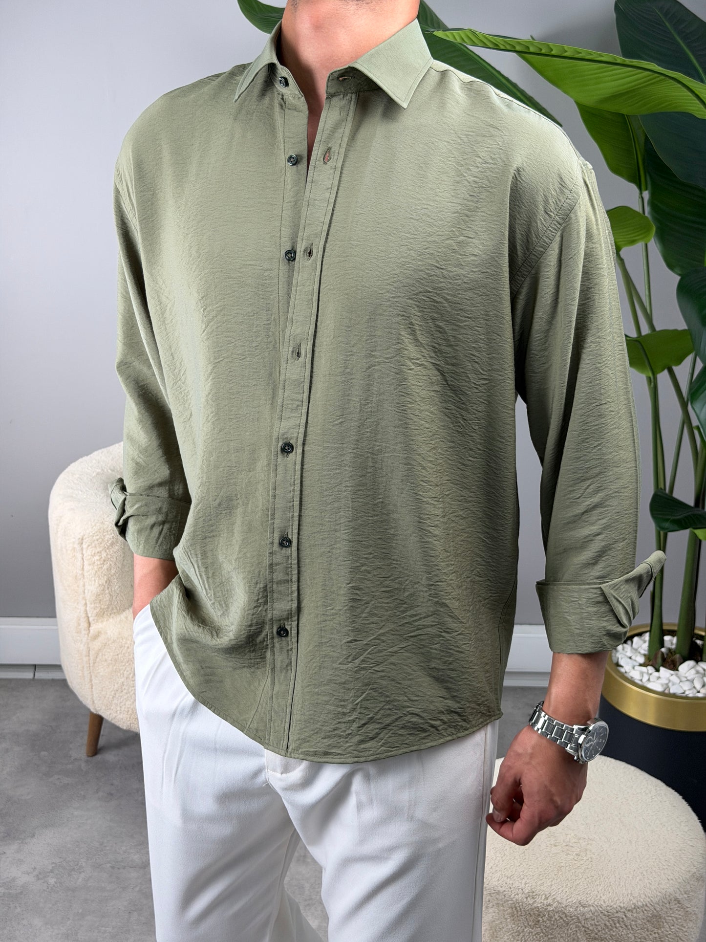 MODAL KUMAŞ GÖMLEK ÇAĞLA YEŞİLİ