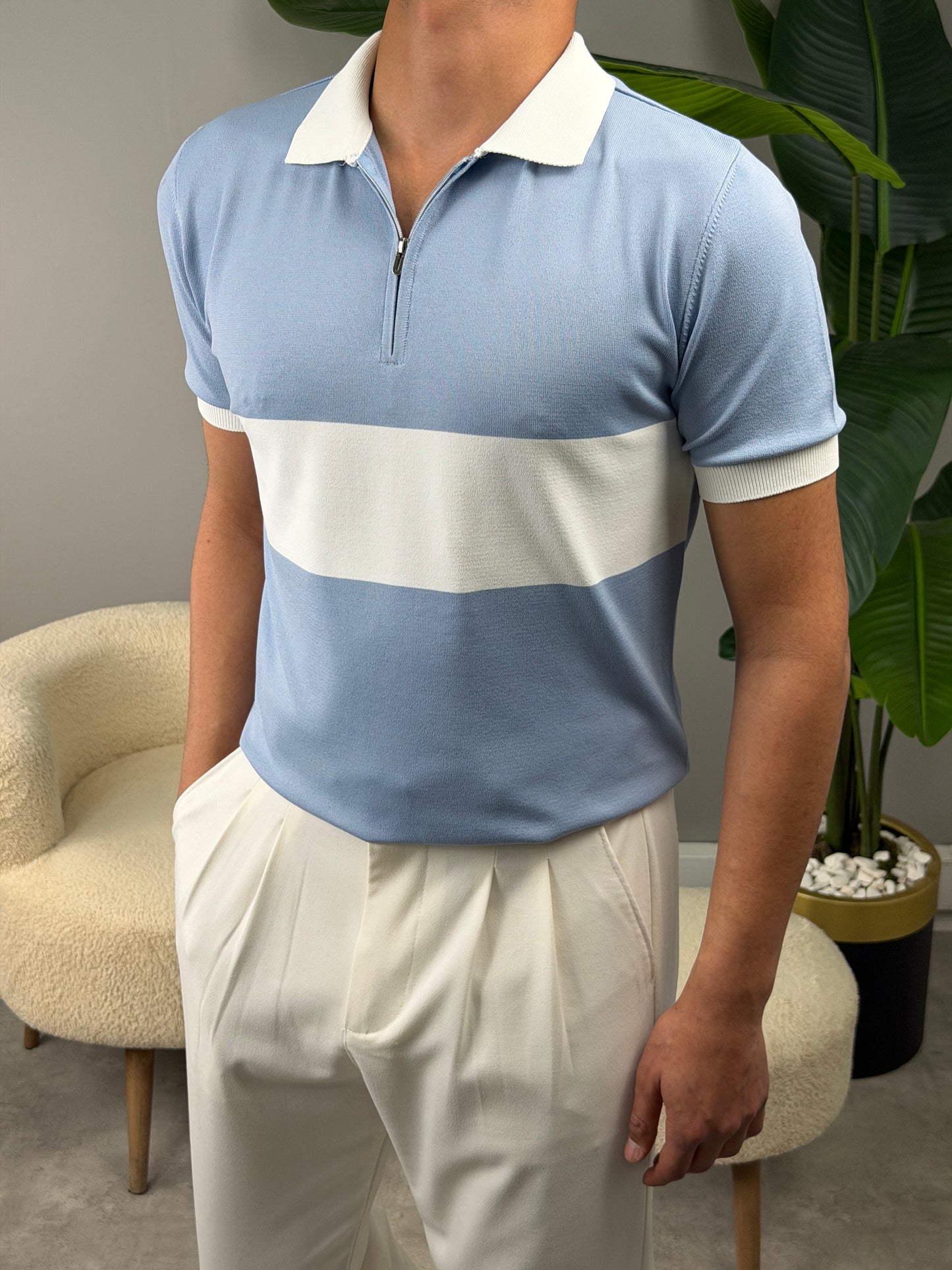 ŞERİTLİ YARIM FERMAUR POLO YAKA TSHİRT BEBE MAVİSİ