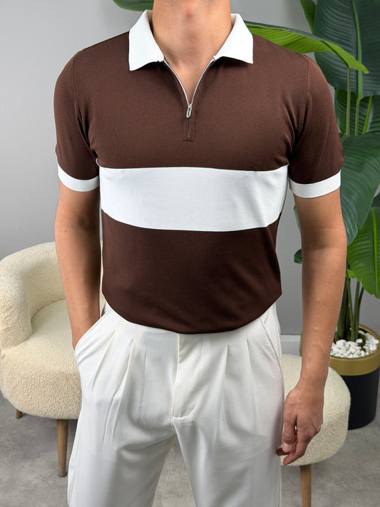 ŞERİTLİ YARIM FERMAUR POLO YAKA TSHİRT KAHVE