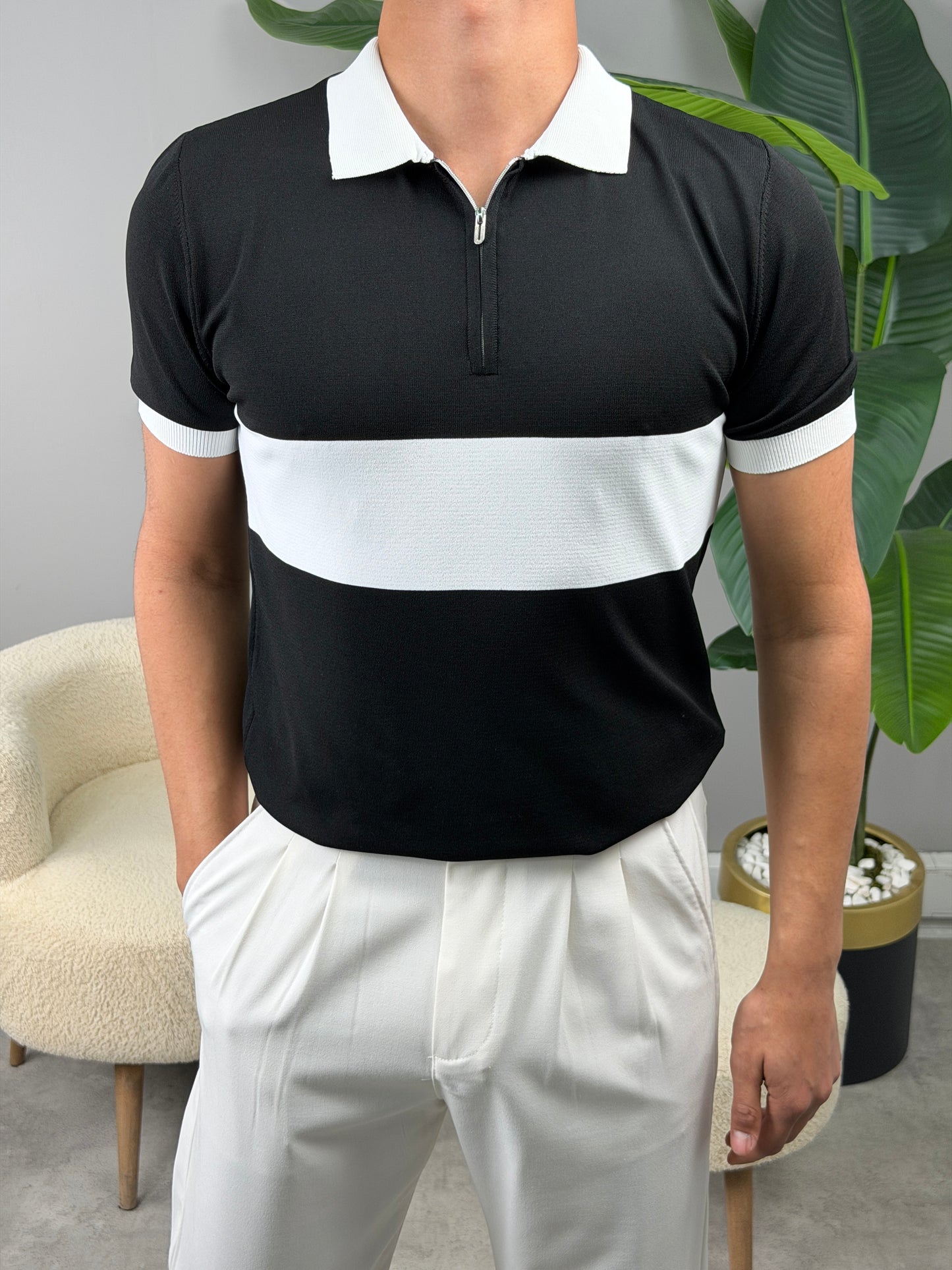 ŞERİTLİ YARIM FERMAUR POLO YAKA TSHİRT SİYAH