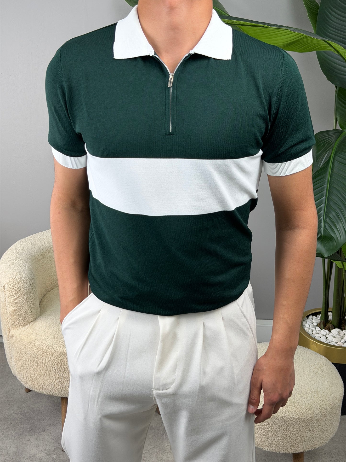 ŞERİTLİ YARIM FERMAUR POLO YAKA TSHİRT YEŞİL