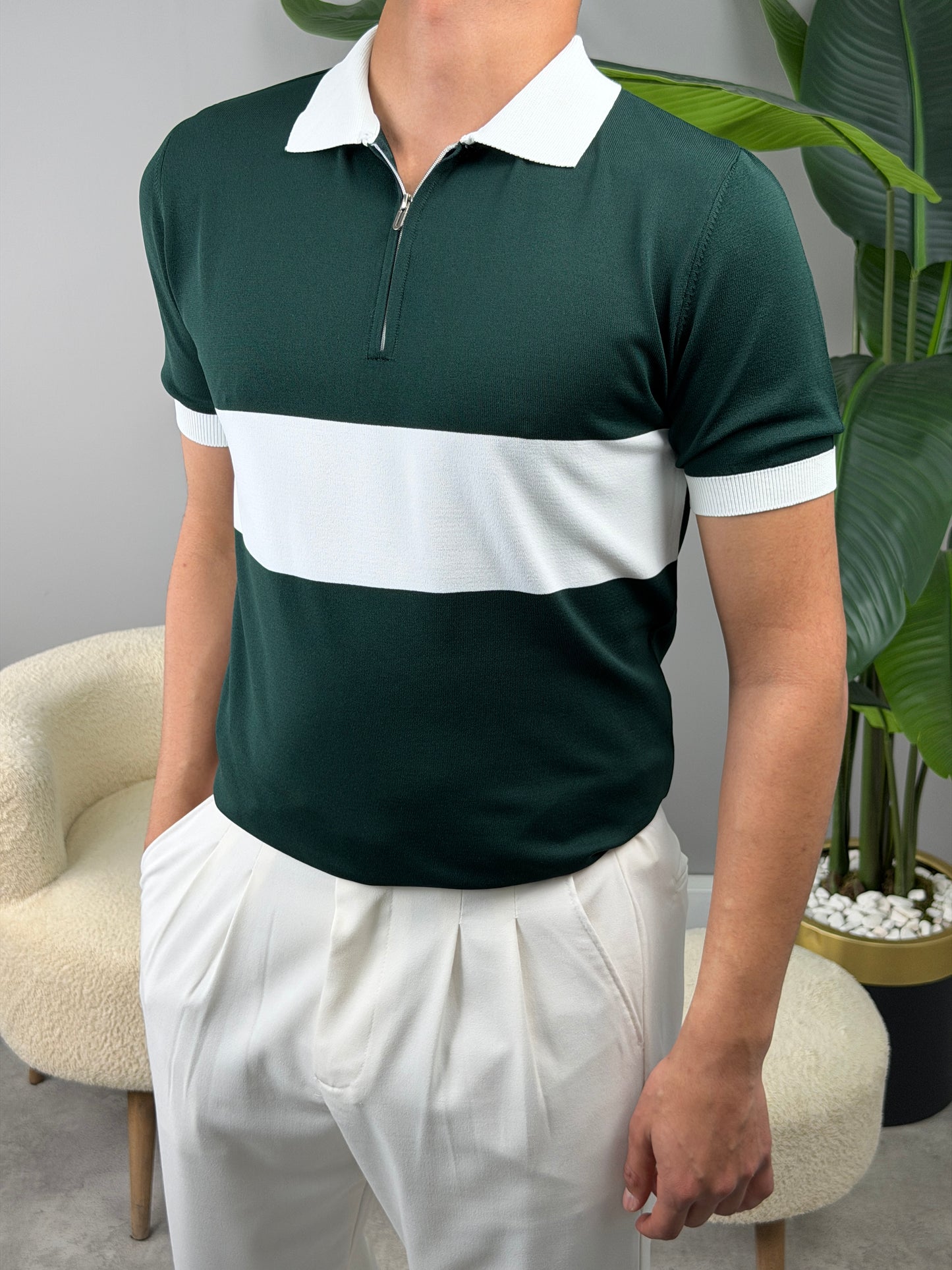 ŞERİTLİ YARIM FERMAUR POLO YAKA TSHİRT YEŞİL