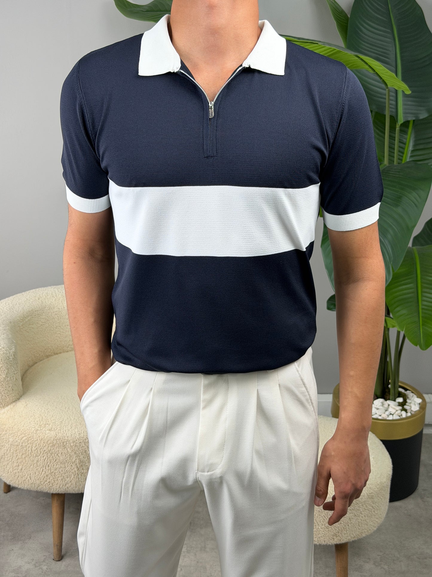 ŞERİTLİ YARIM FERMAUR POLO YAKA TSHİRT LACİVERT