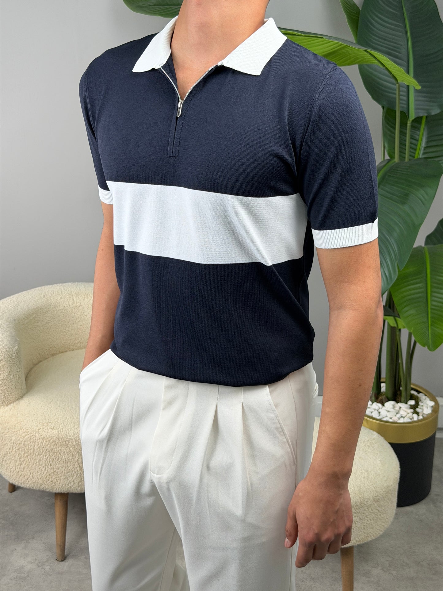 ŞERİTLİ YARIM FERMAUR POLO YAKA TSHİRT LACİVERT