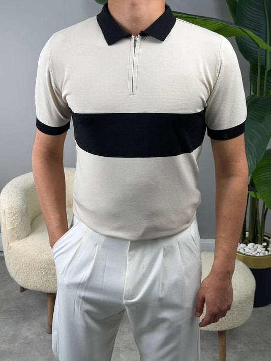 ŞERİTLİ YARIM FERMAUR POLO YAKA TSHİRT BEJ