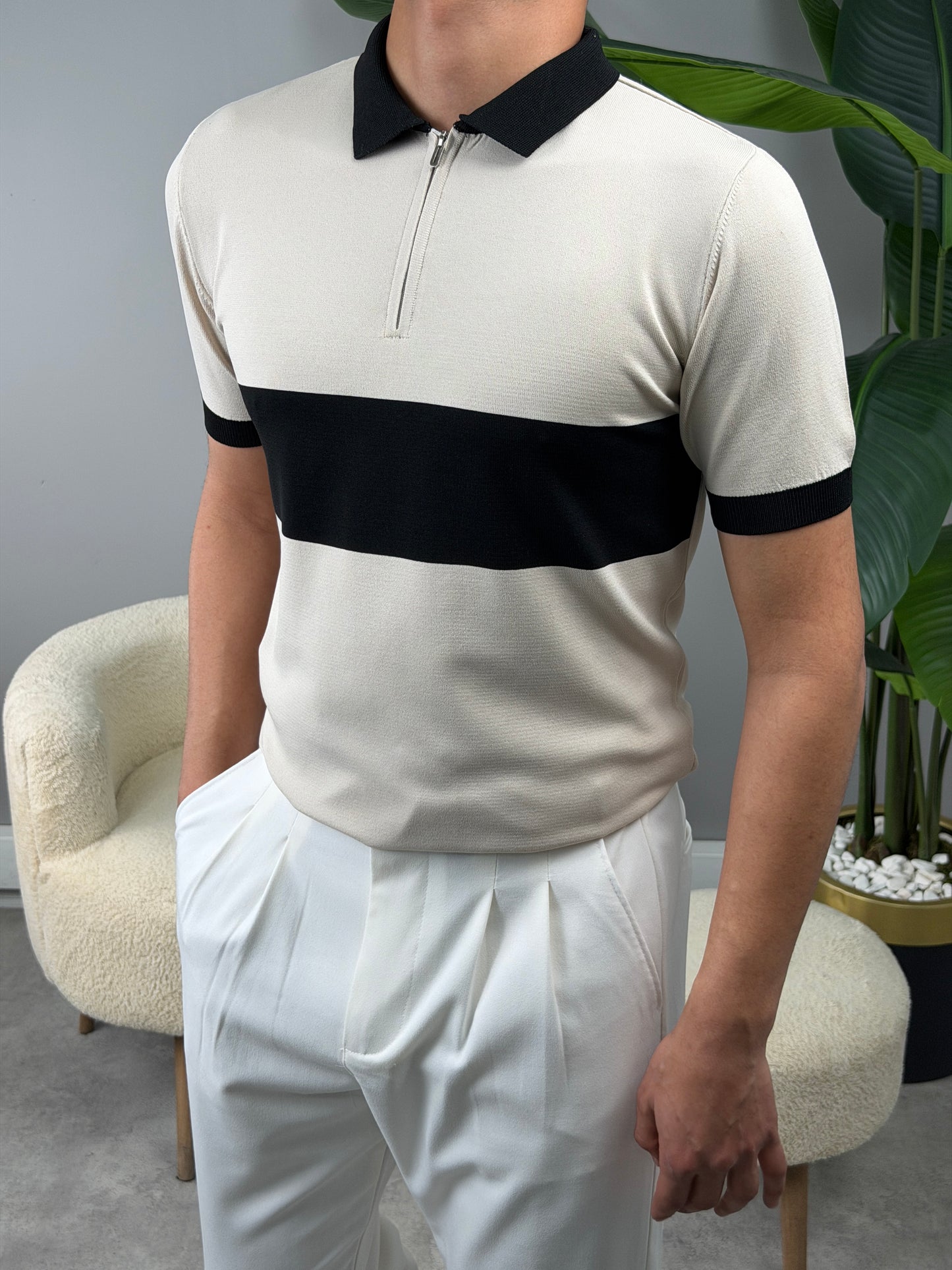 ŞERİTLİ YARIM FERMAUR POLO YAKA TSHİRT BEJ