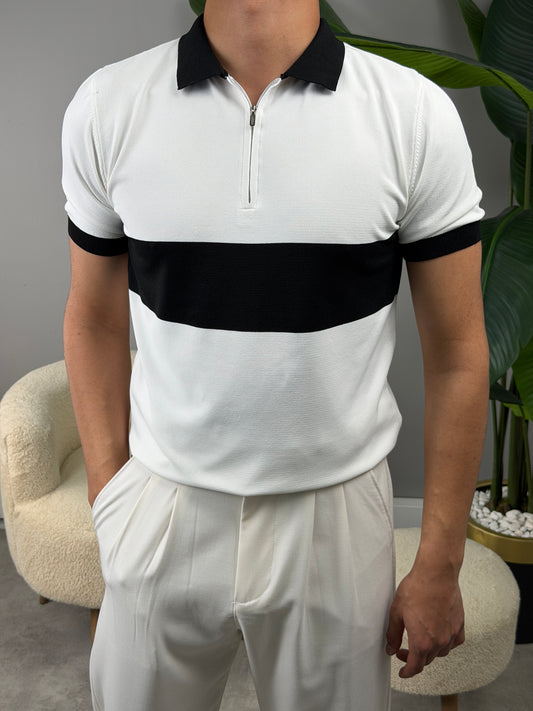 ŞERİTLİ YARIM FERMAUR POLO YAKA TSHİRT BEYAZ