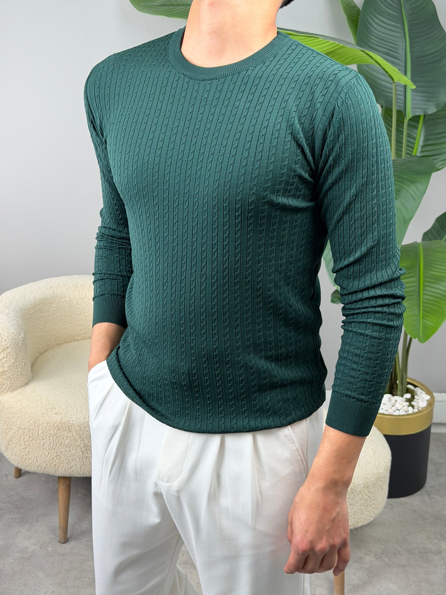 ZİNCİR DESEN BİSİKLET YAKA TRİKO SWEATSHİRT ZÜMRÜT YEŞİLİ