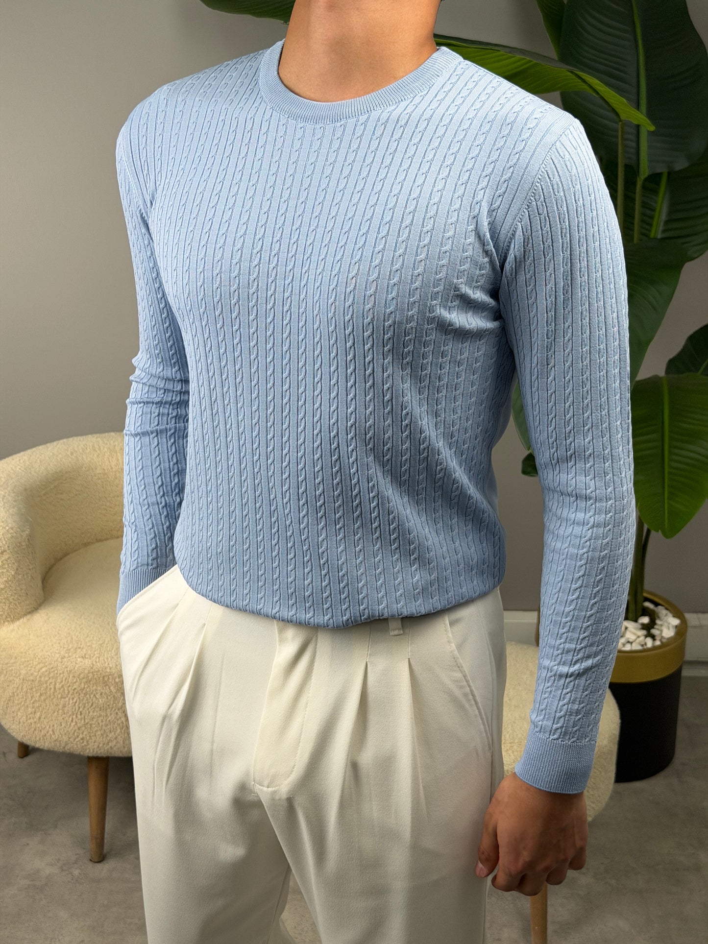 ZİNCİR DESEN BİSİKLET YAKA TRİKO SWEATSHİRT BEBE MAVİSİ