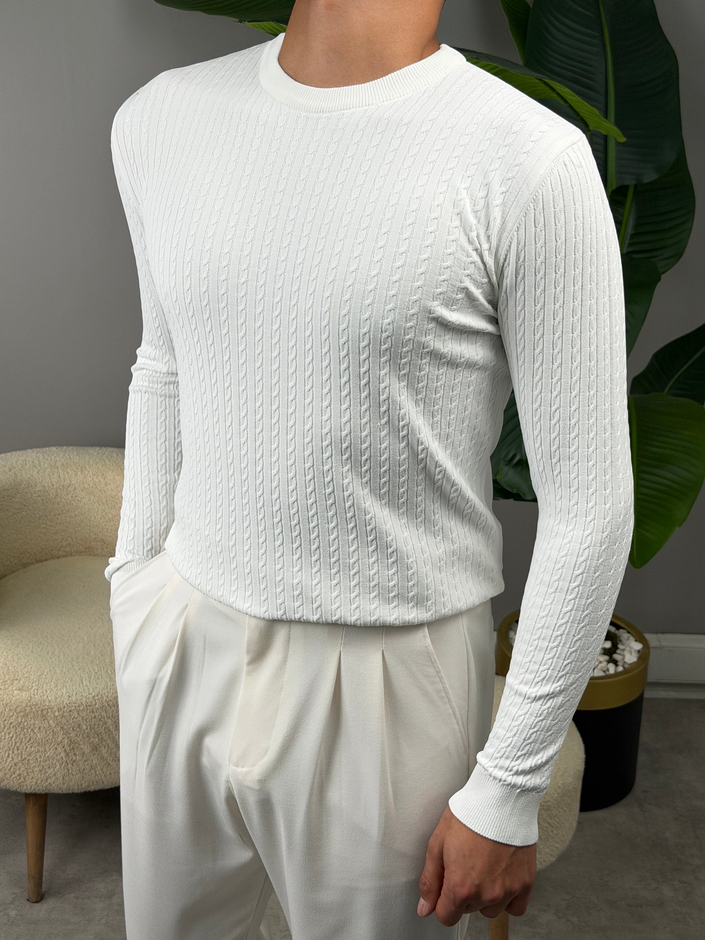 ZİNCİR DESEN BİSİKLET YAKA TRİKO SWEATSHİRT BEYAZ