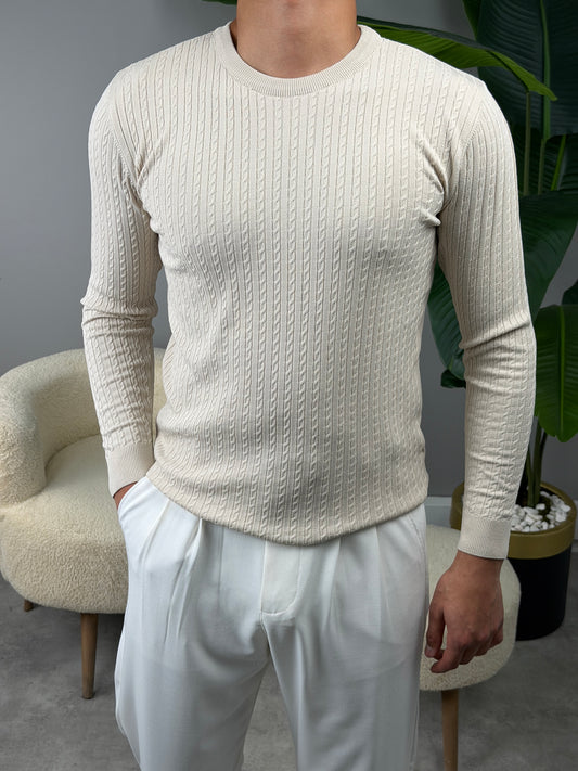 ZİNCİR DESEN BİSİKLET YAKA TRİKO SWEATSHİRT BEJ