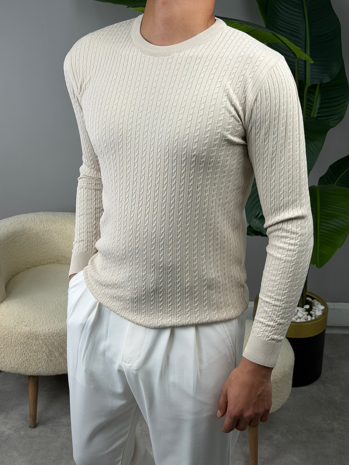 ZİNCİR DESEN BİSİKLET YAKA TRİKO SWEATSHİRT BEJ