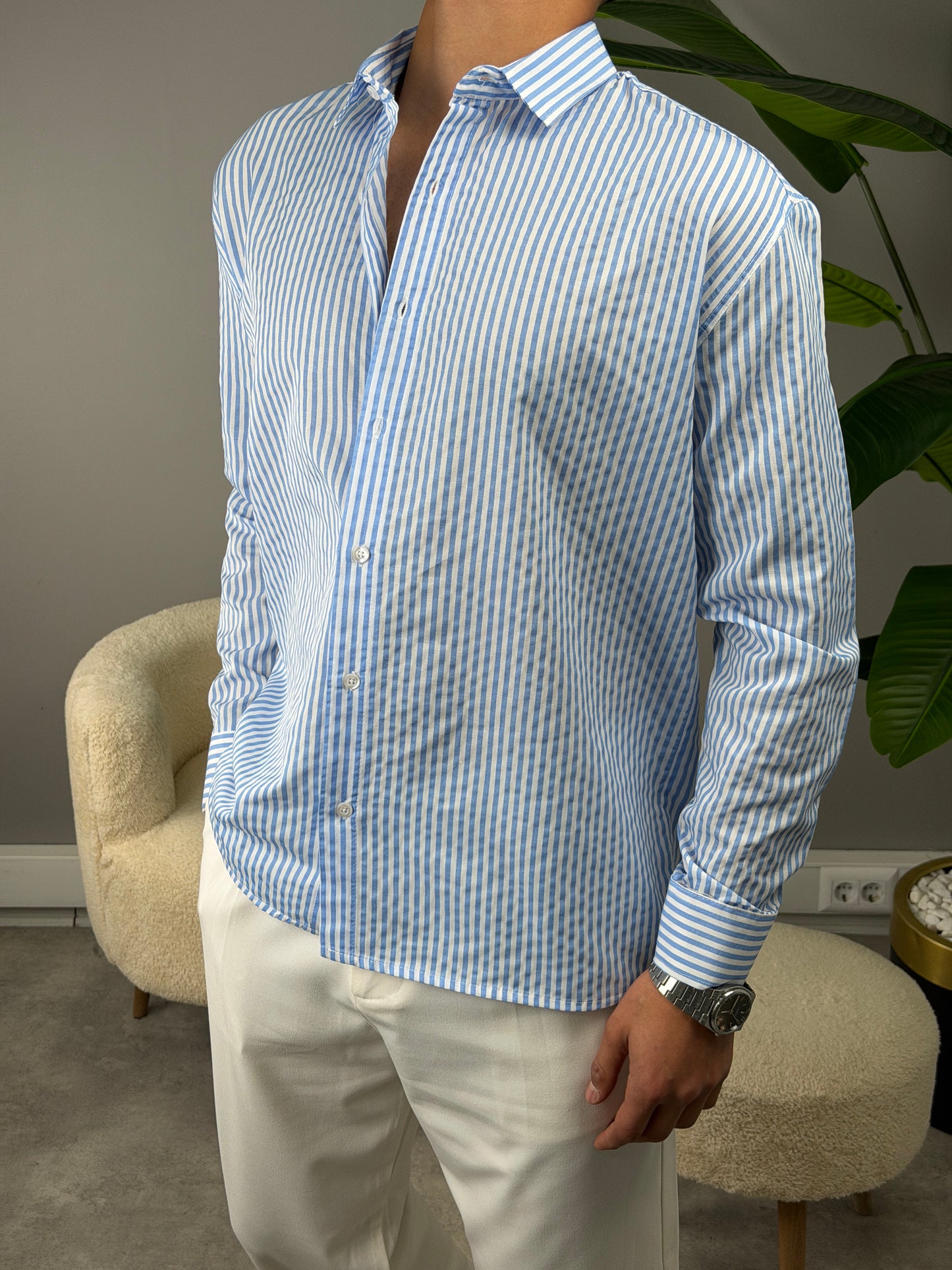 ÇİZGİLİ KETEN GÖMLEK BUZ MAVİSİ