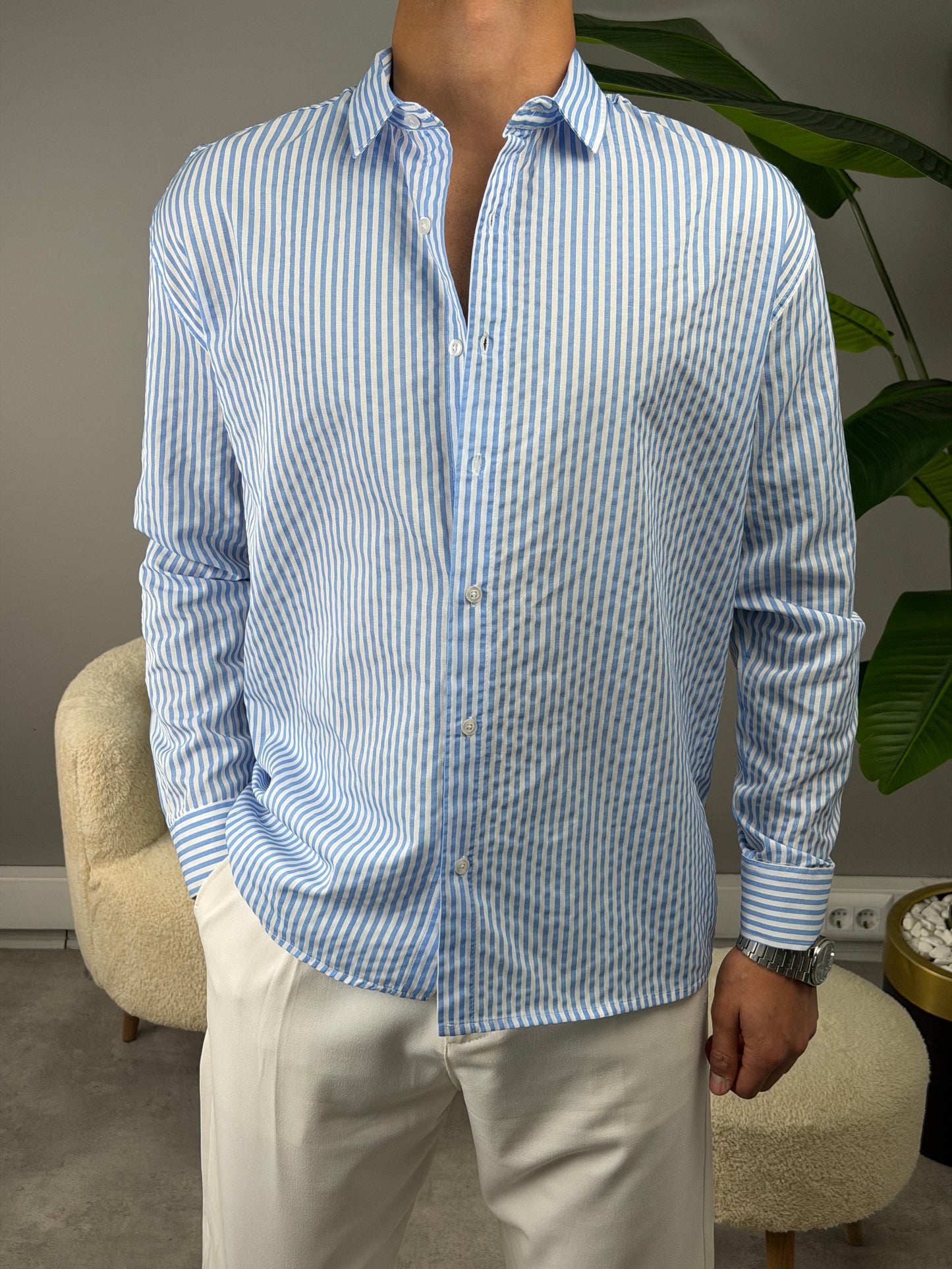 ÇİZGİLİ KETEN GÖMLEK BUZ MAVİSİ