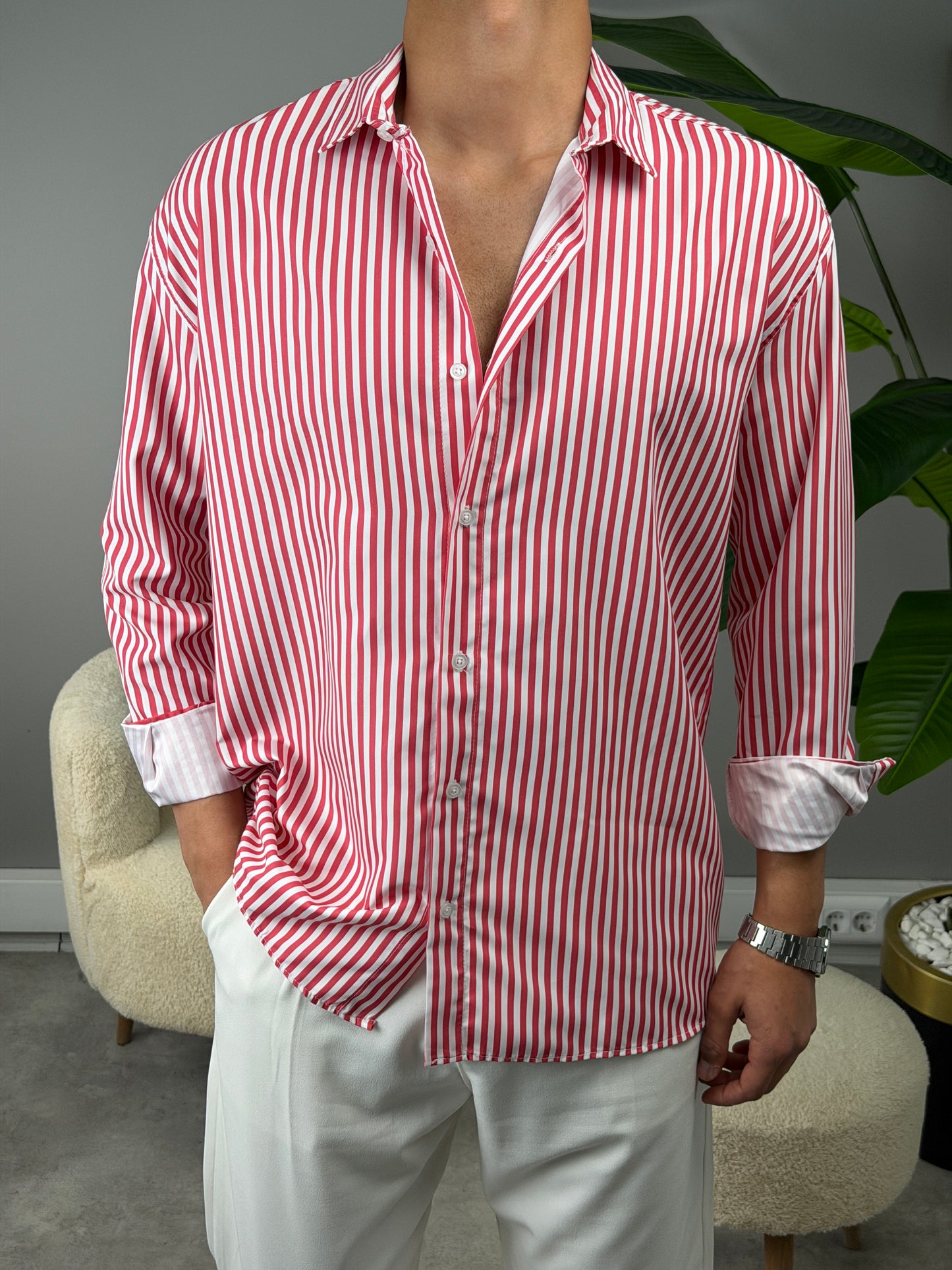 ÇİZGİLİ KETEN GÖMLEK BORDO