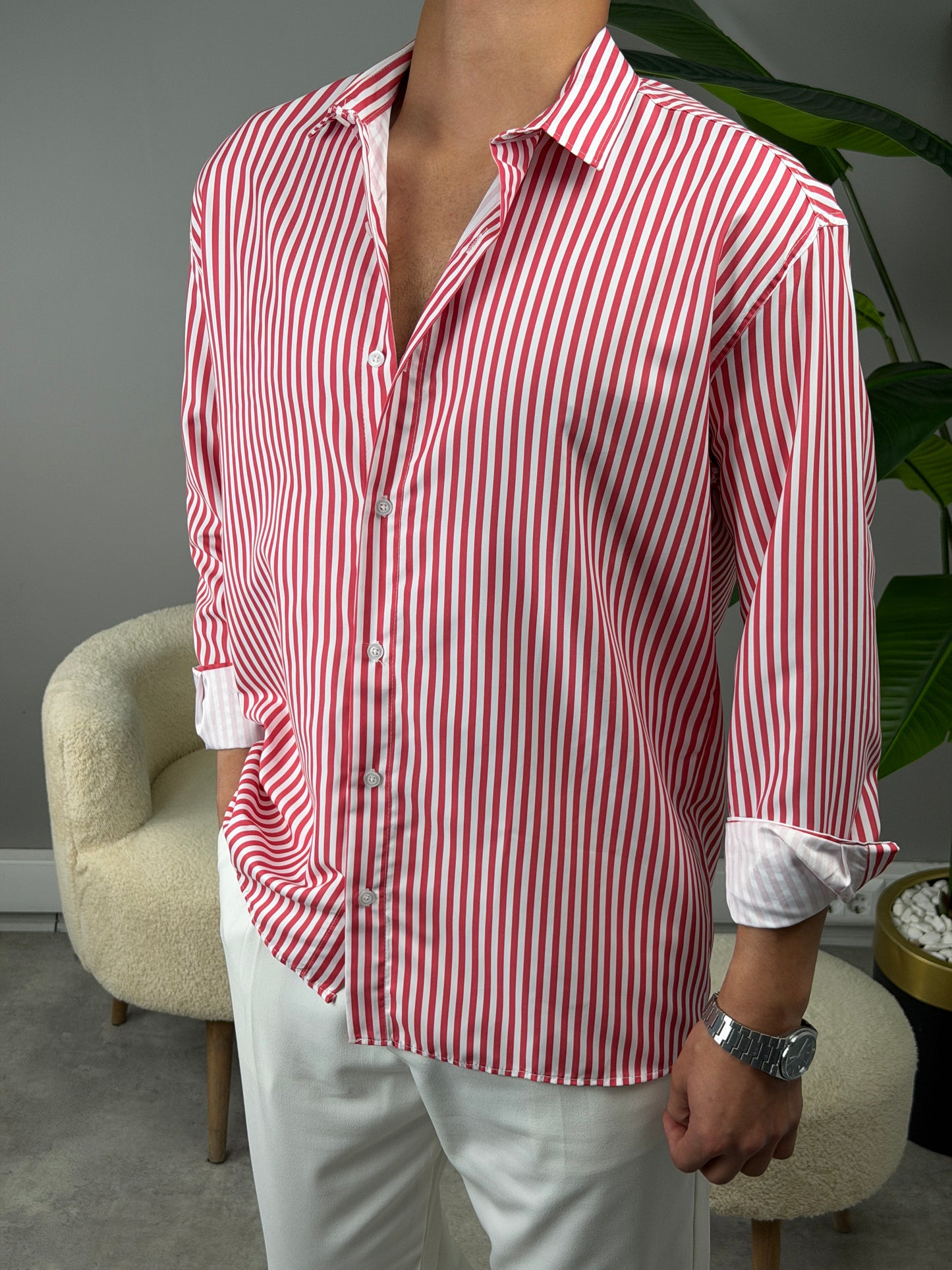 ÇİZGİLİ KETEN GÖMLEK BORDO