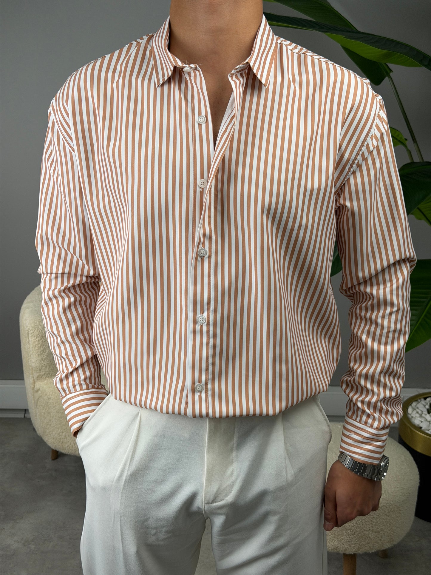 ÇİZGİLİ KETEN GÖMLEK BEJ