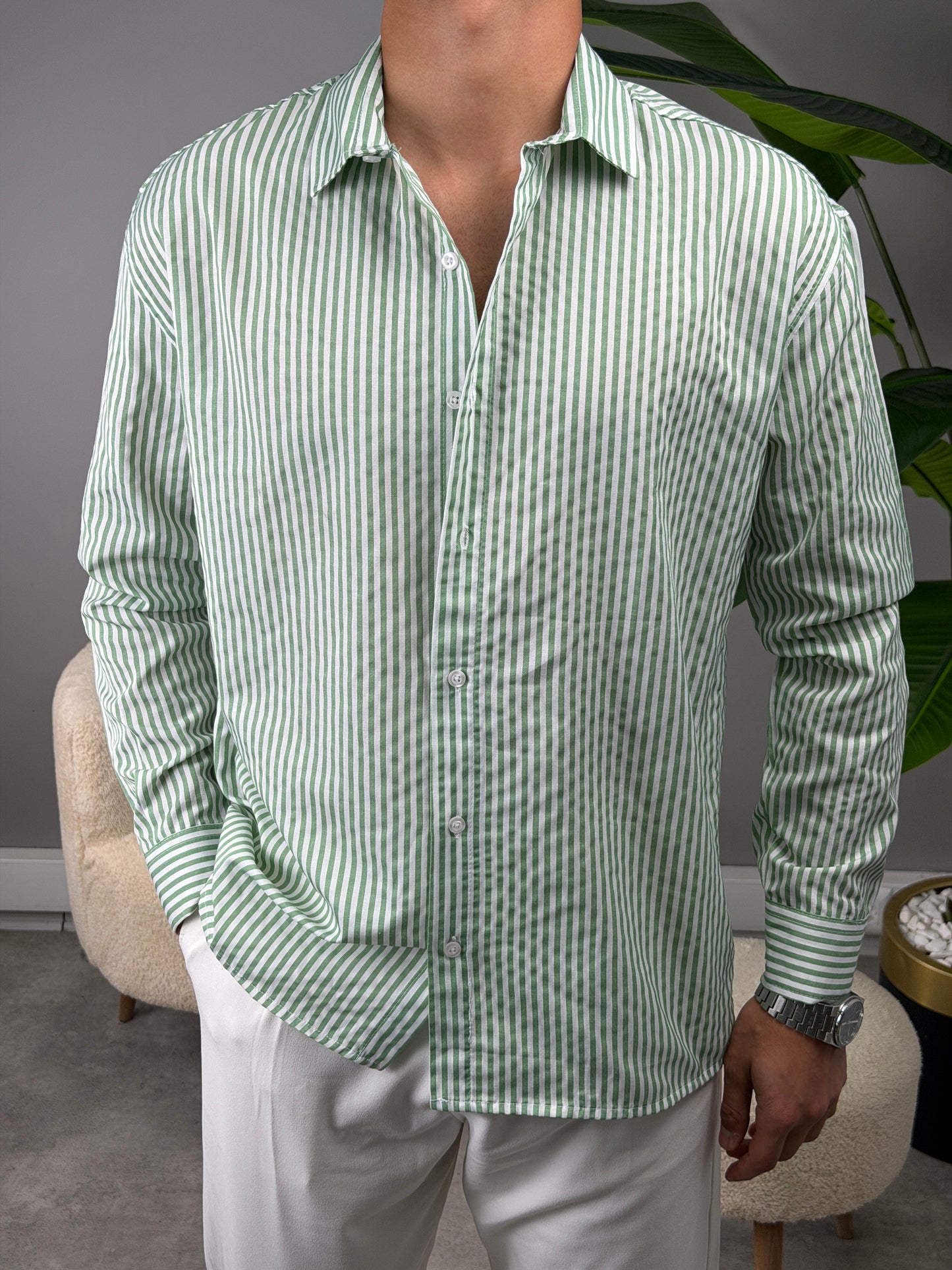 ÇİZGİLİ KETEN GÖMLEK YEŞİL